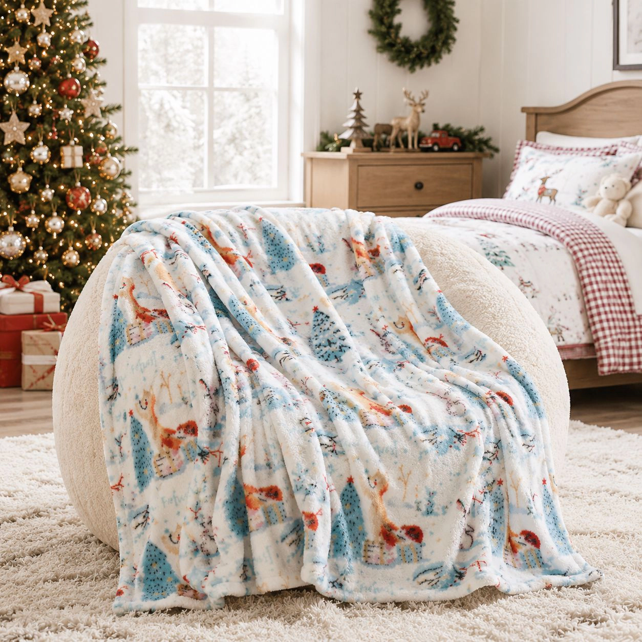 Kate Aurora Ultra Soft & Cozy Christmas Forest Friends Santa Plush Throw Blanket Cover