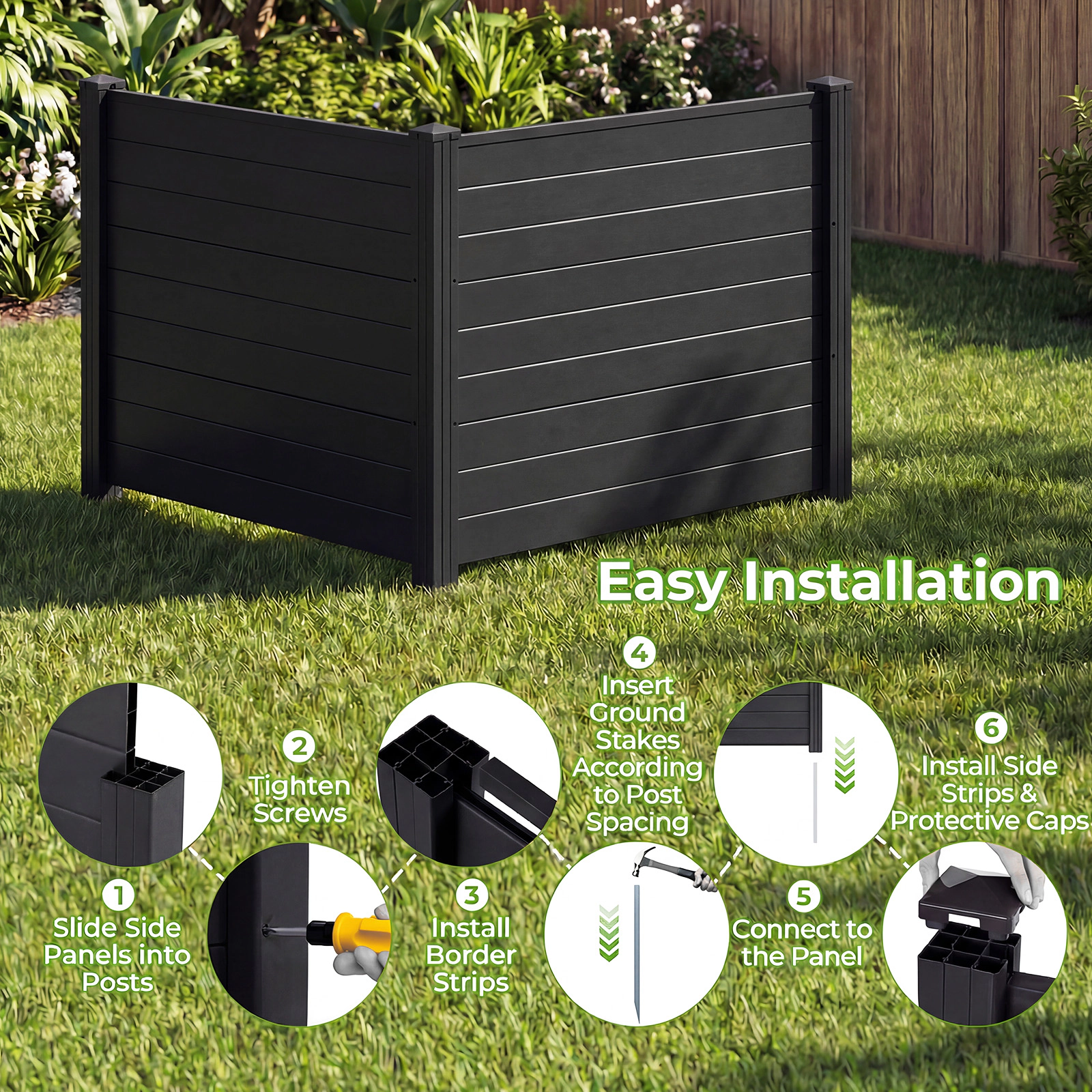 SUGIFT Black PVC Outdoor Air Conditioner Fence with 3 20-in Ground Stakes and Card-Slot Setup Panels