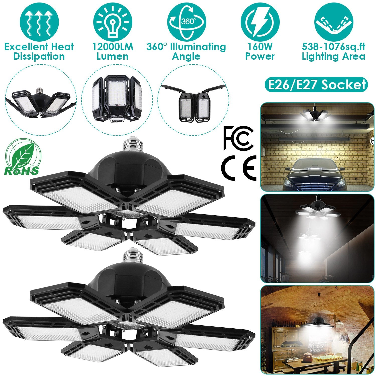 GBruno 2-Pack Adjustable LED Garage Lights 160W