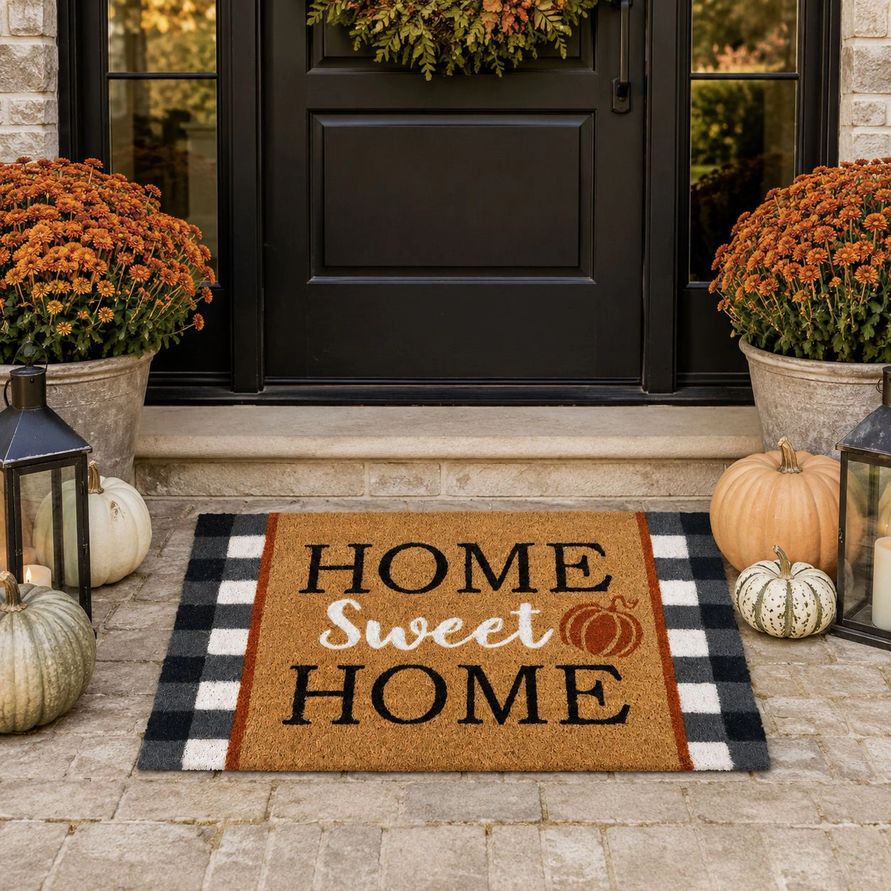 Kate Aurora Fall Autumn Plaid Home Sweet Home Pumpkin Bristled Outdoor All Season Welcome Mat - 18"x30"