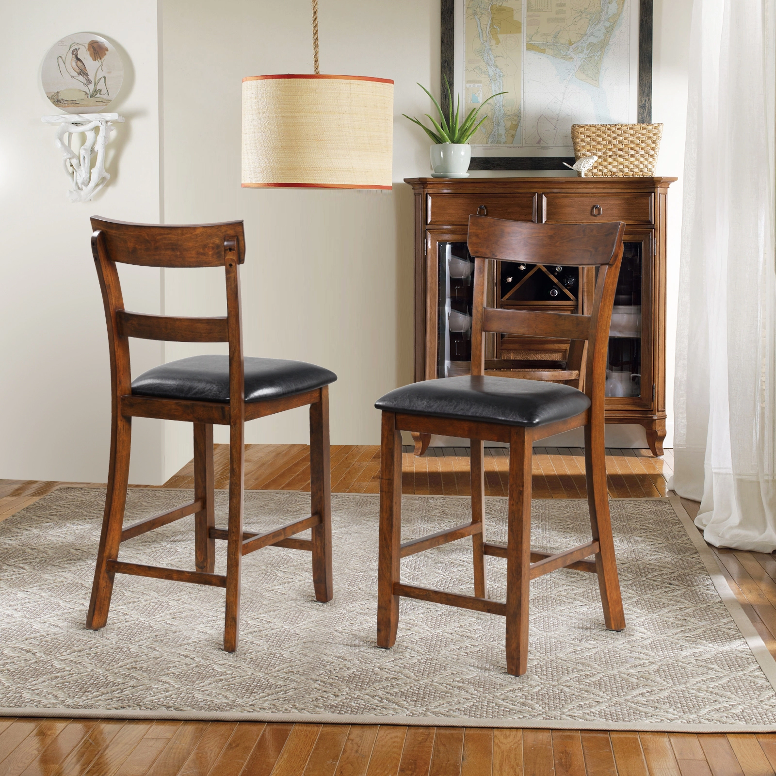 SUGIFT Brown PVC Leather Seat and Rubber Wood Legs 2 Piece Counter Height Bar Stool Set