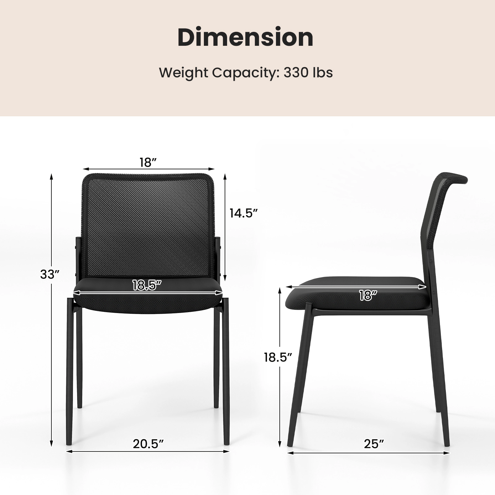 SUGIFT Set of 2 330-lb Capacity Black Stackable Guest Chairs with 2-Tier Mesh Backrest and Padded Seat