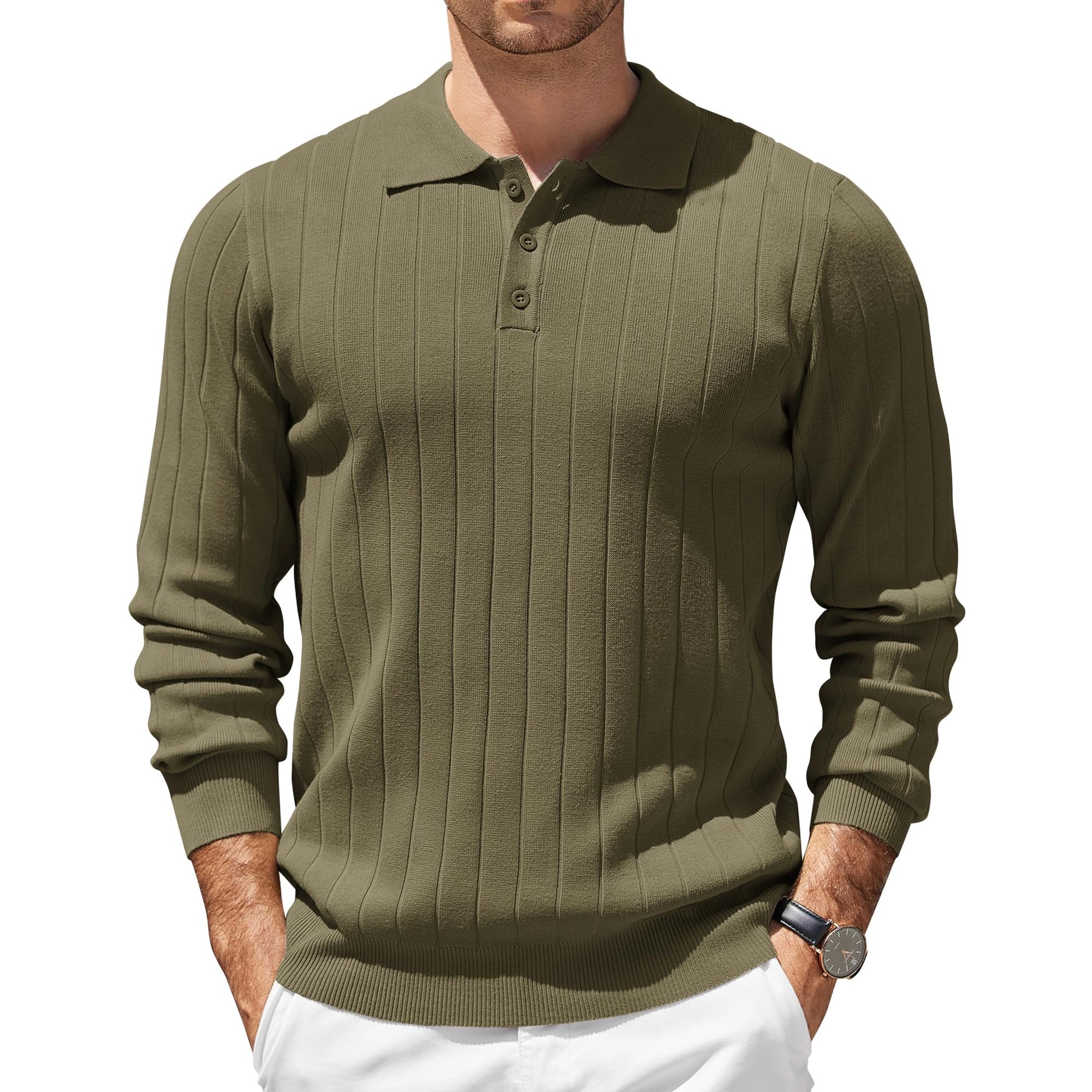 COOFANDY Long Sleeve Polo Sweater Fall Ribbed Button Collared Casual Pullover