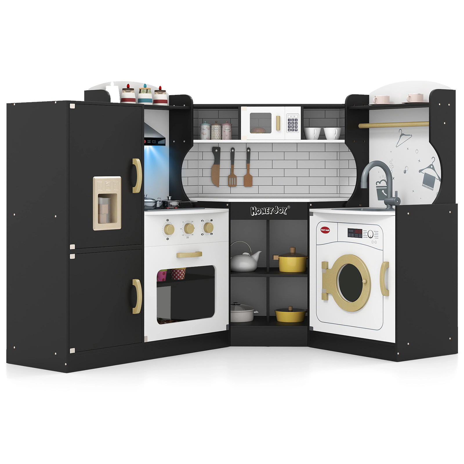 LJG Corner Kids Play Kitchen with Washing Machine and Ice Maker Gift for Boys Girls