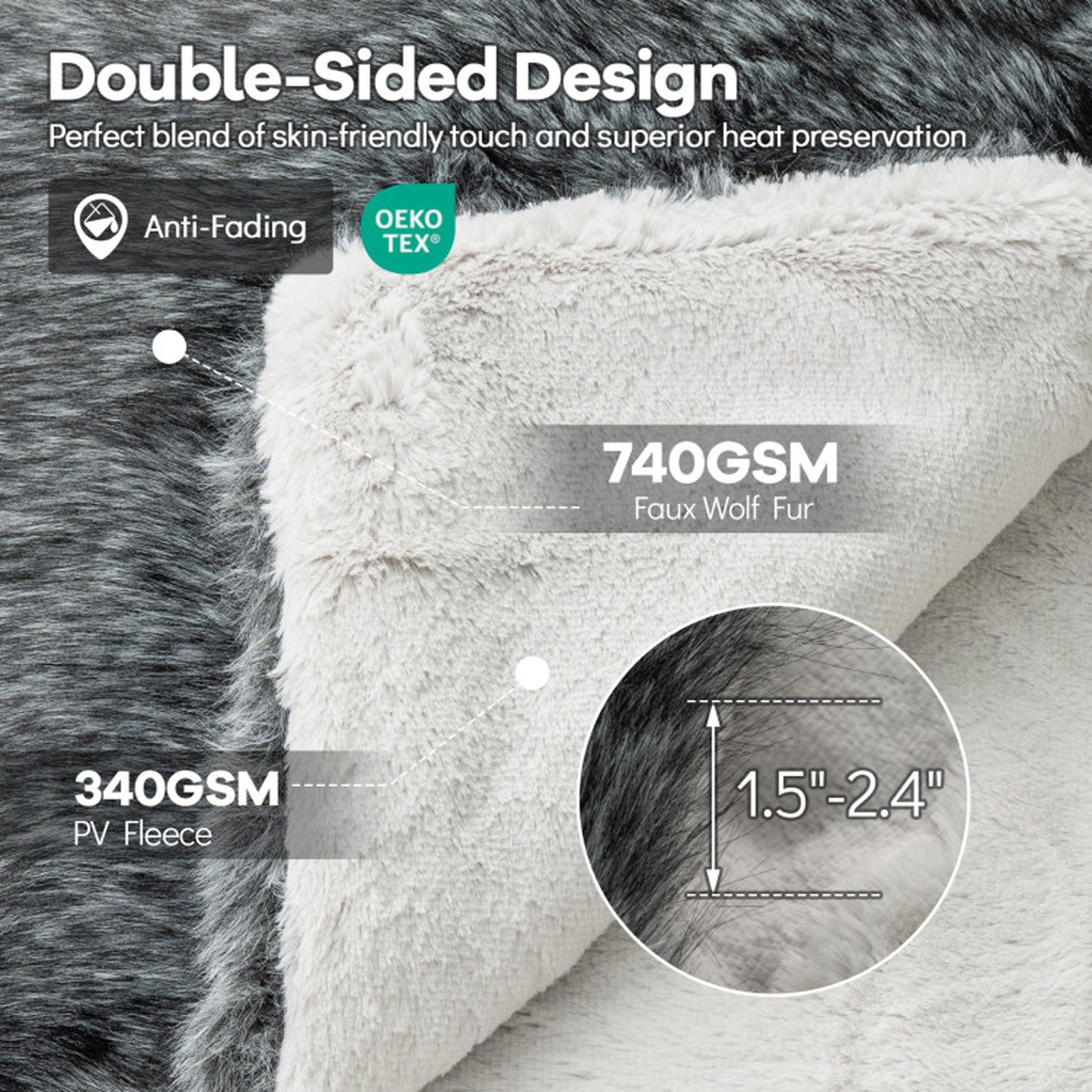 SUGIFT Twin Size 740GSM Faux Wolf Fur Double Sided Fleece Lined Plush Throw Blanket 60-in x 80-in 8-lb Net Weight Gray