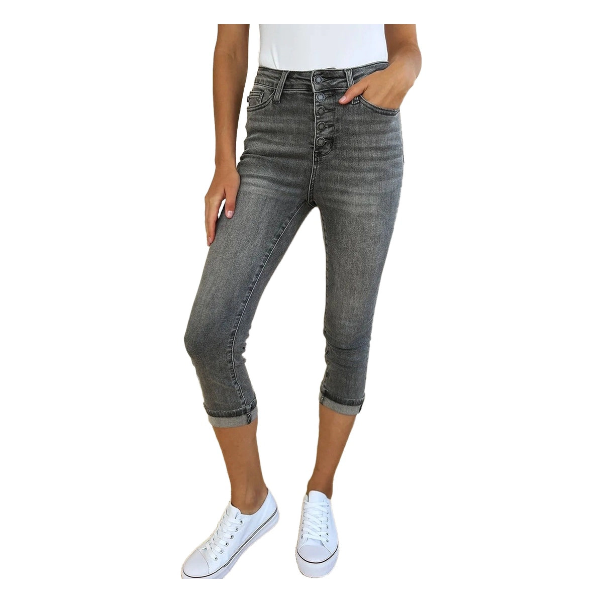 Judy Blue Full Button Fly High Waist Cuffed Capris