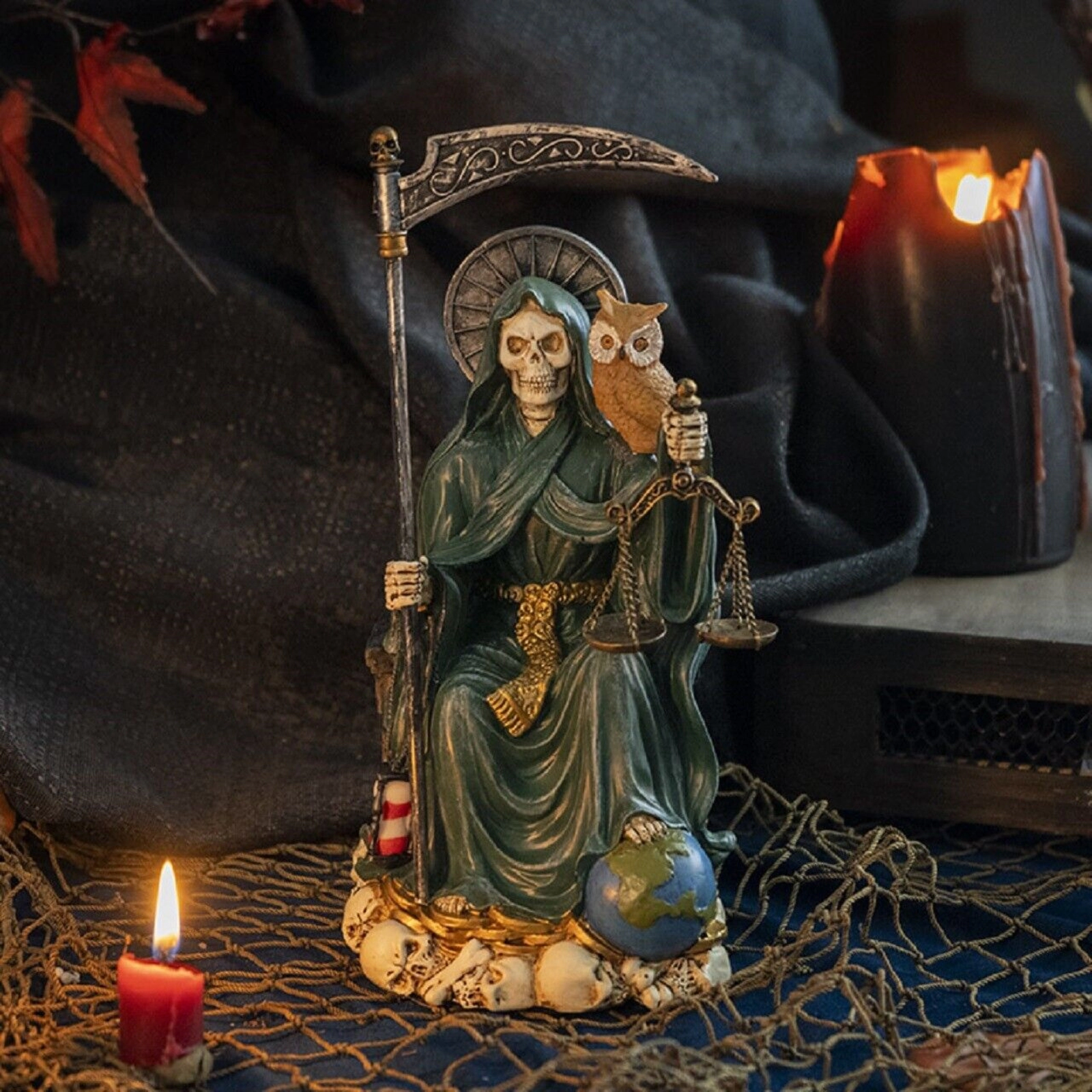 Pacific Giftware Sitting Santa Muerte inGreen Gown with Owl and Scale Figurine Death 9 Inch