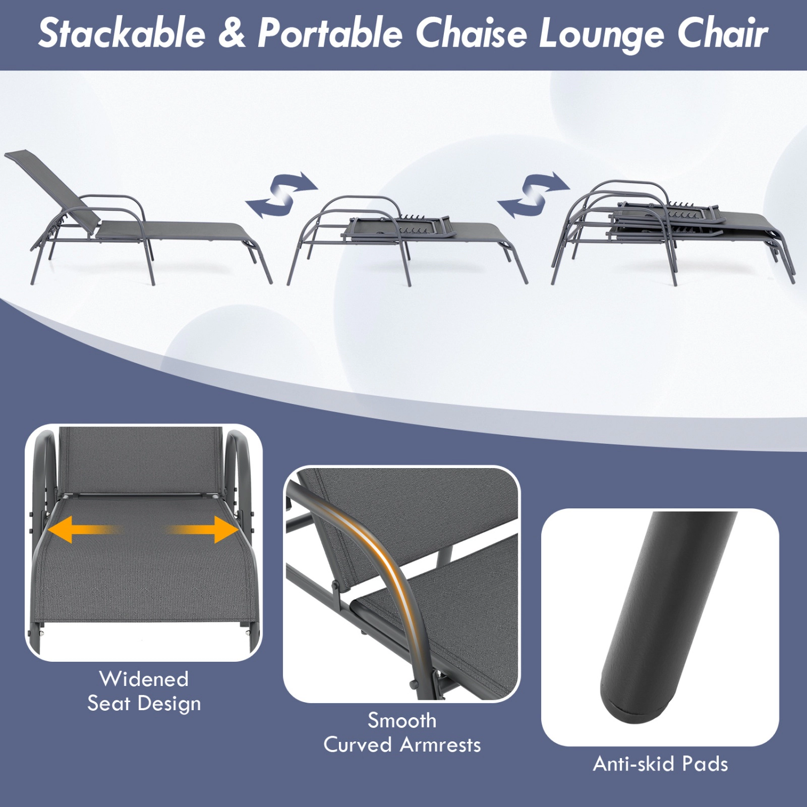 SUGIFT Adjustable Outdoor Chaise Lounge Chair 350-Lb Capacity 75.5-in Horizontal 62.5-in Upright Dark Gray