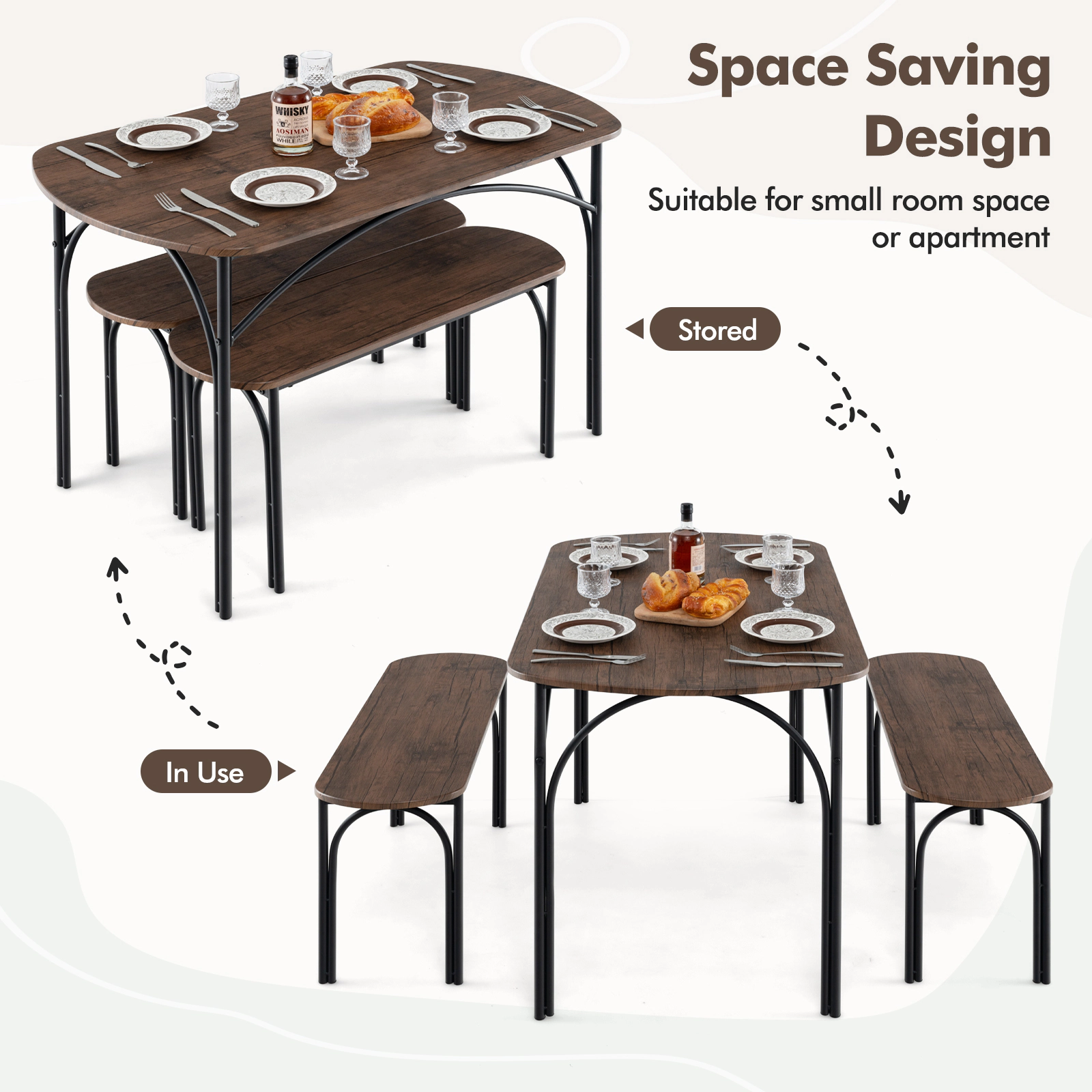 SUGIFT 3-Piece Dining Table Set with Metal Frame and Benches 200-lb Table 660-lb Benches Brown+Black