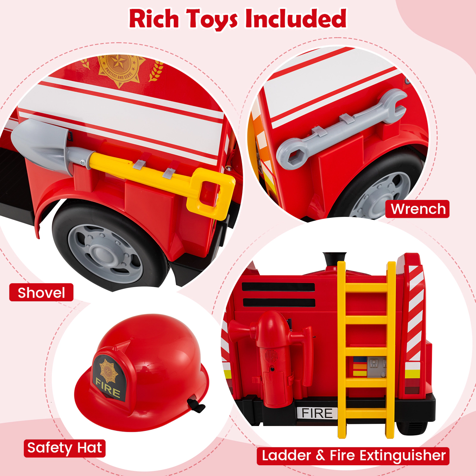 SUGIFT 12V Ride-On Fire Truck Toy Car with Shovel Wrench Ladder and Safety Hat 55-lb Capacity Ages 37-95 Months Red