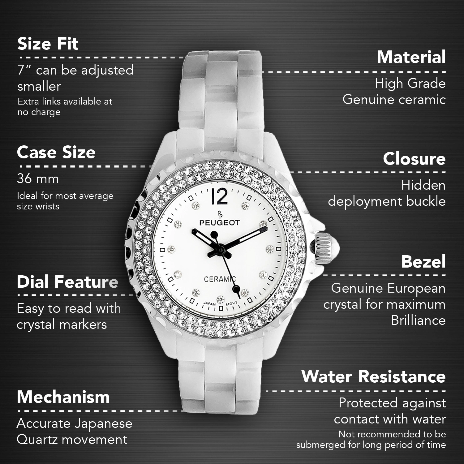 Peugeot Women's 36mm White Ceramic Watch with Silver Crystal Bezel