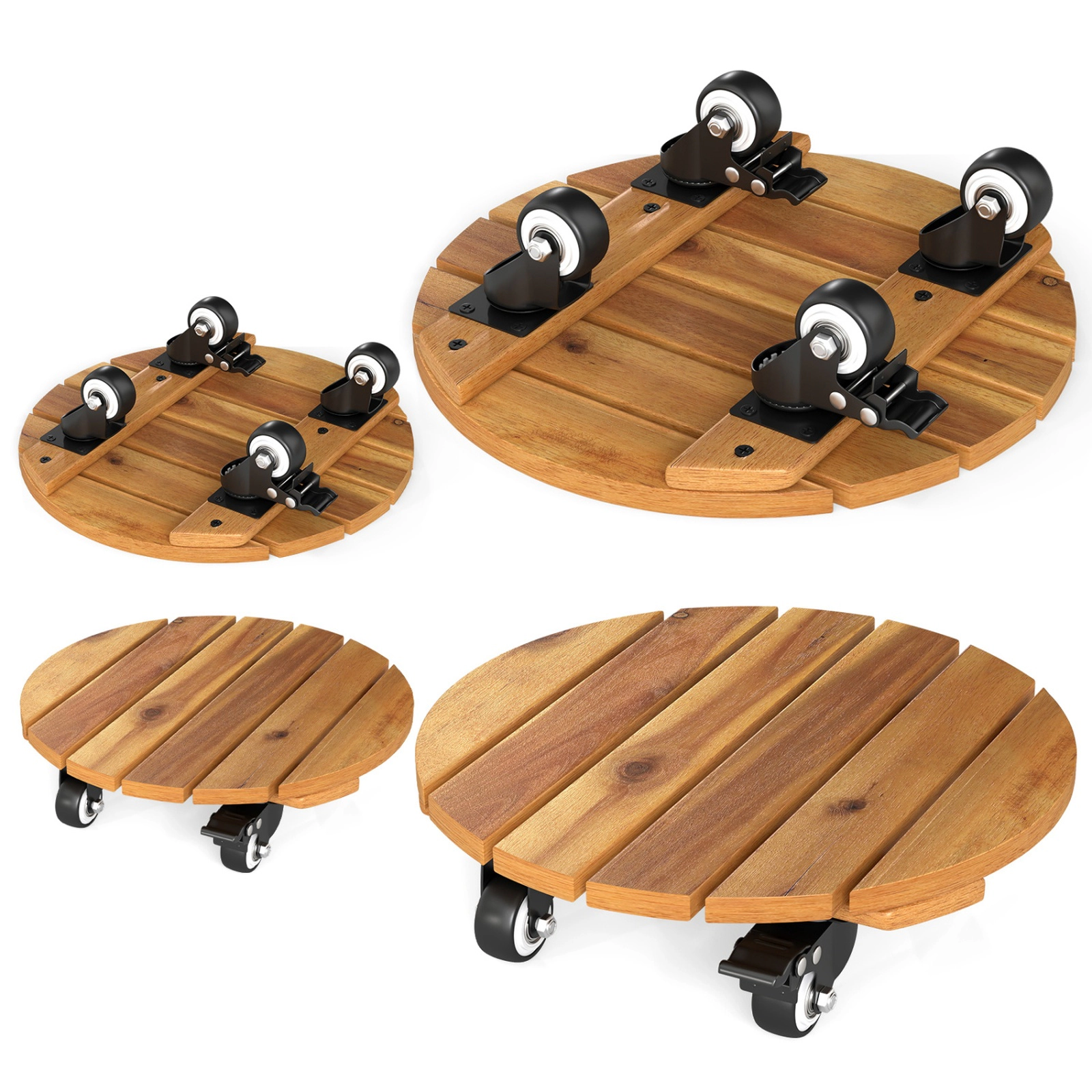 SUGIFT Set of 4 Natural 12-in 175-lb Acacia Wood Rolling Plant Caddy Dolly with Lockable Casters
