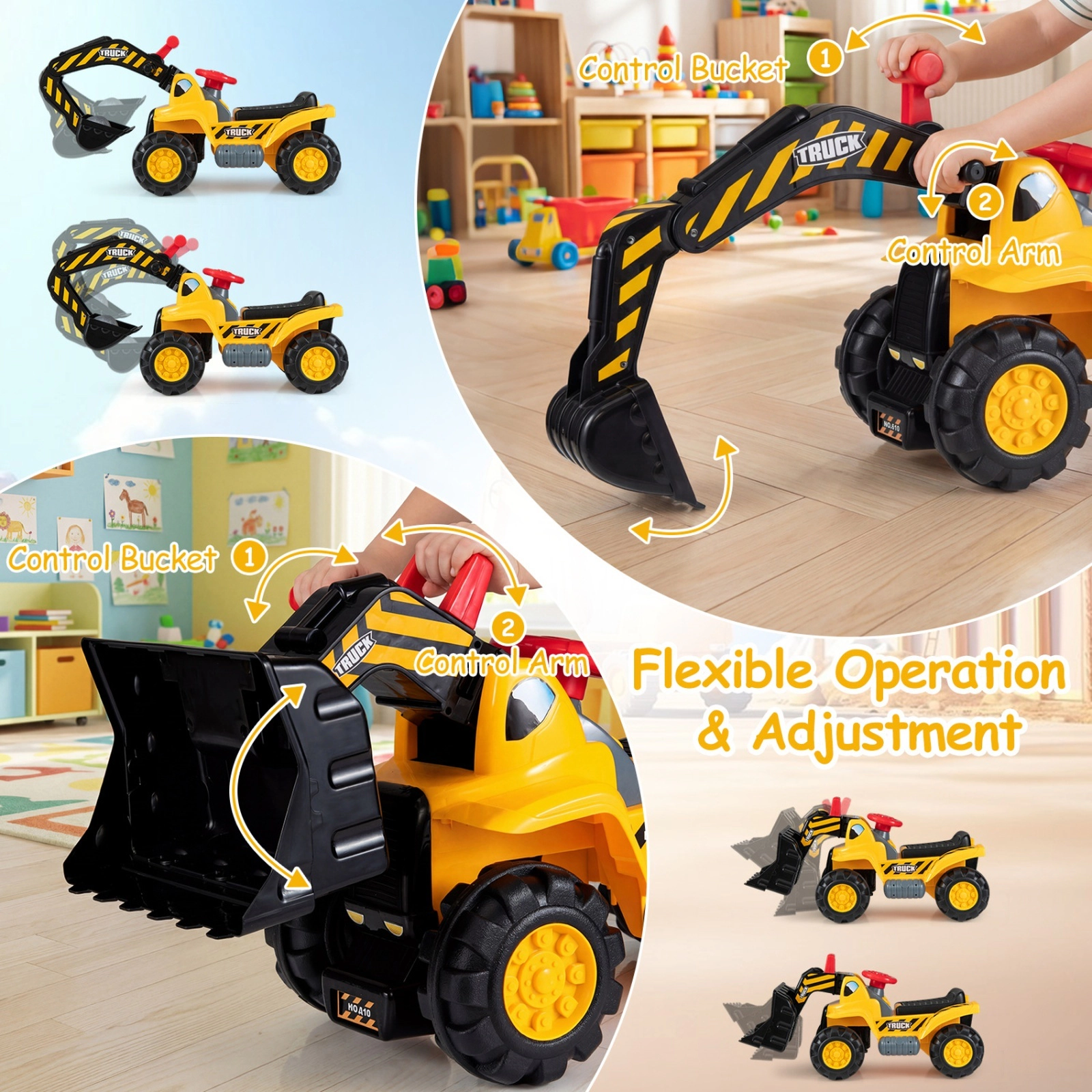 3-in-1 Kids Ride On Excavator Bulldozer Push Car Dual Levers Engine Sound Safety Hat 35-in Digger Ages 2+ 55-lb Load