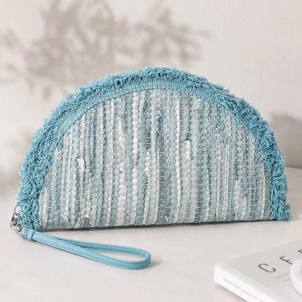 FASHNZFAB Boho Fringe Textured Half Moon Clutch Bag