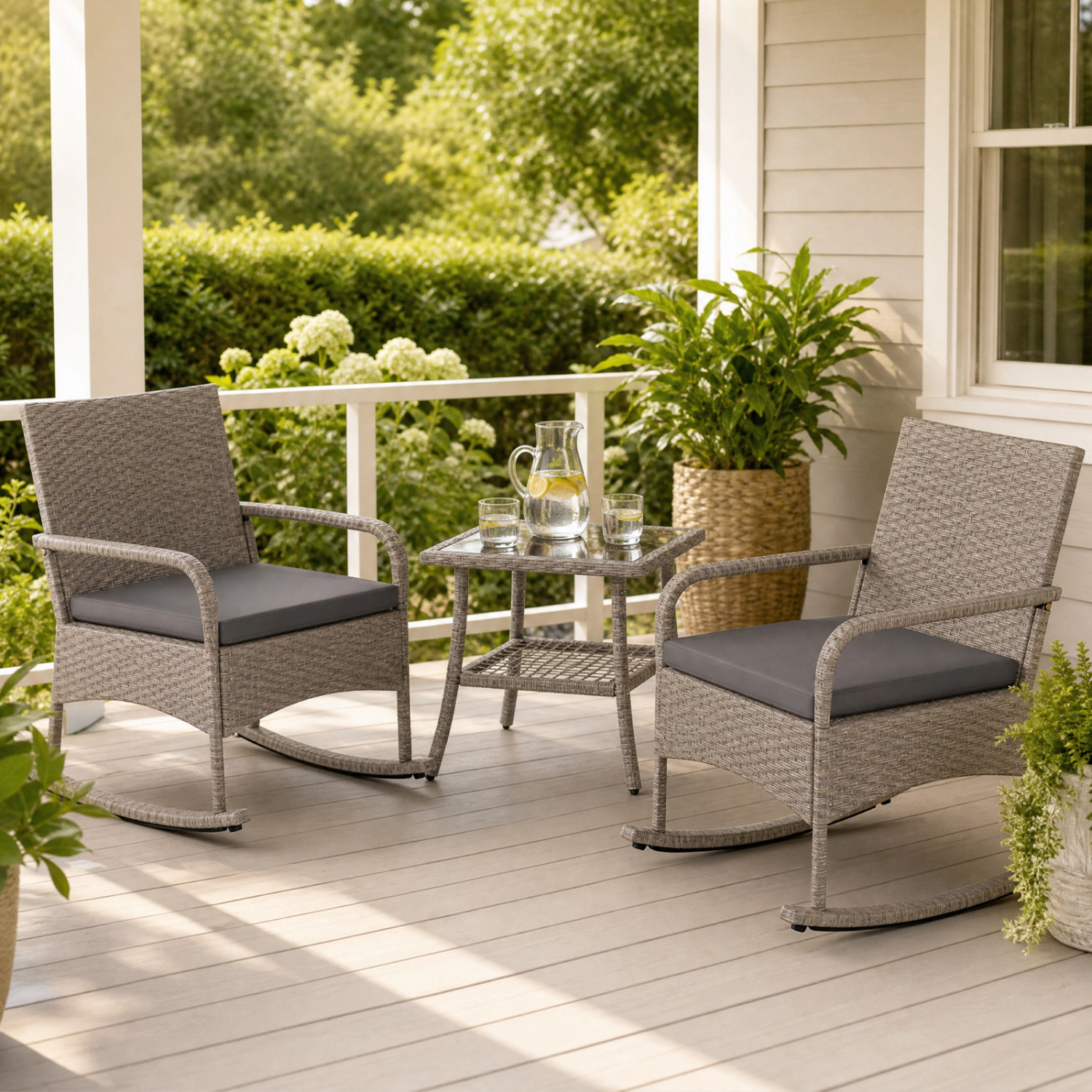 LJG 3-Piece Wicker Rocking Bistro Set with Cushions for Garden Backyard Porch