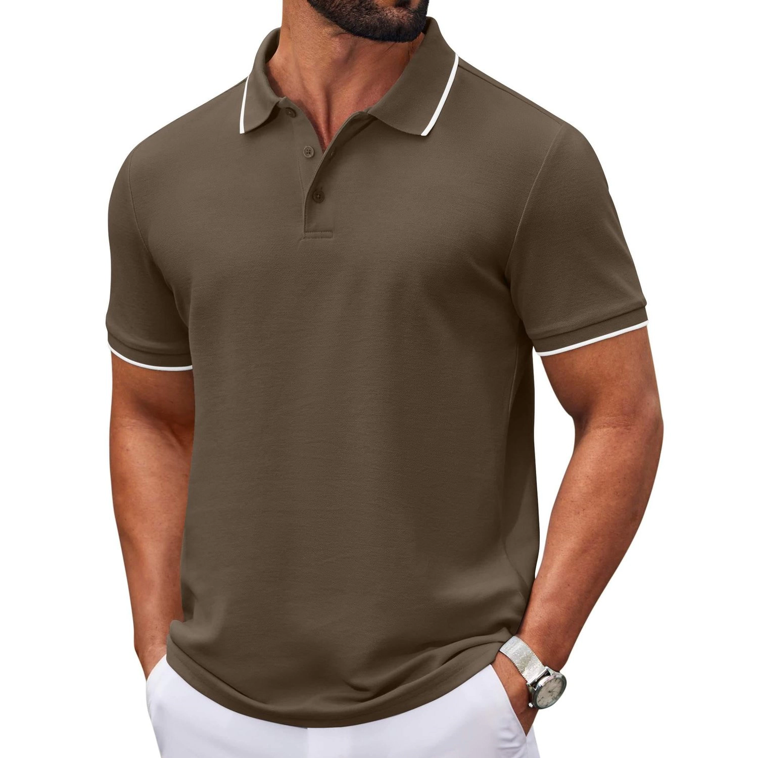 COOFANDY Mens Short Sleeve Polo Shirt Contrast Collar Button Placket Casual Tee