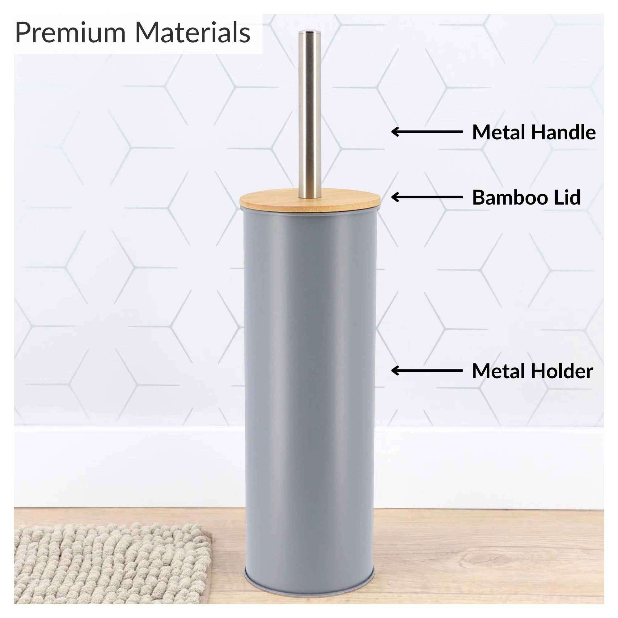Evideco Toilet Brush with Bamboo Lid, Slim Powder-Coated Steel