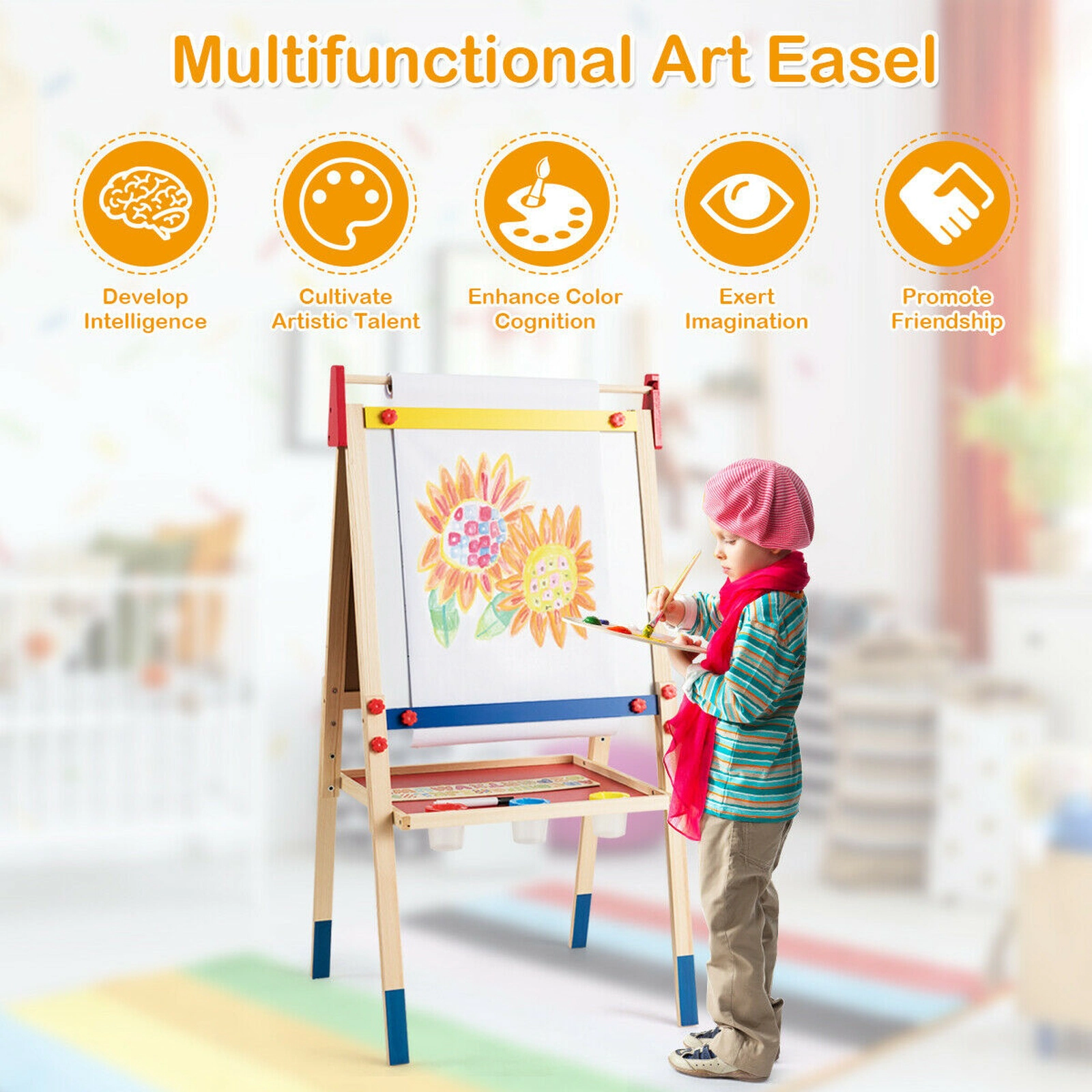 All-in-One Wooden Kids Art Easel 26 Magnetic Letter Stickers Double-Sided Whiteboard Chalkboard 3 Heights to 49 in