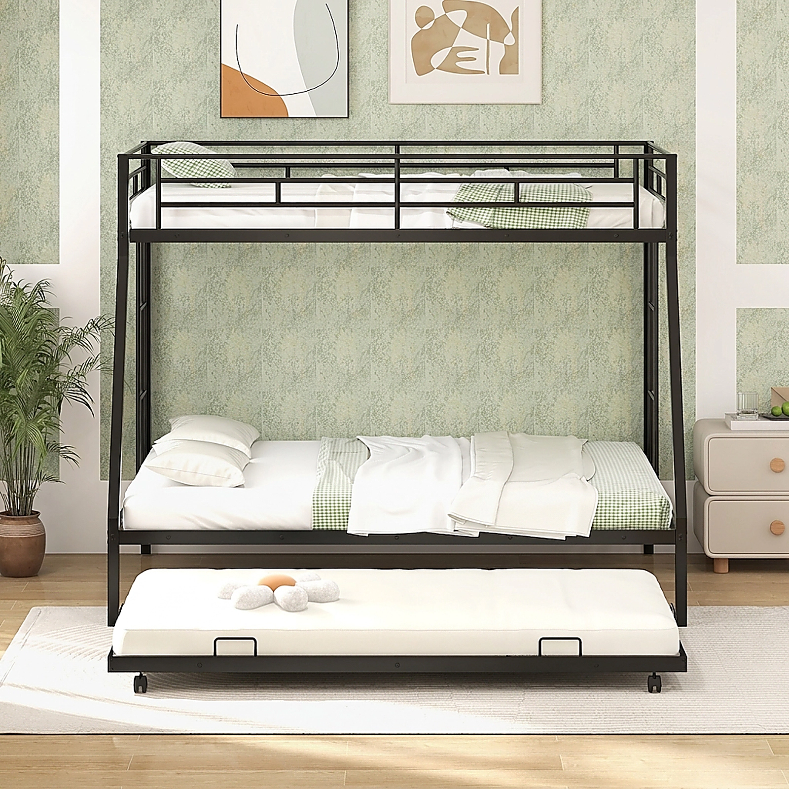 SUGIFT Black Roll-Out Trundle and Full-Length Guardrail Twin Over Full Kids Metal Bunk Bed