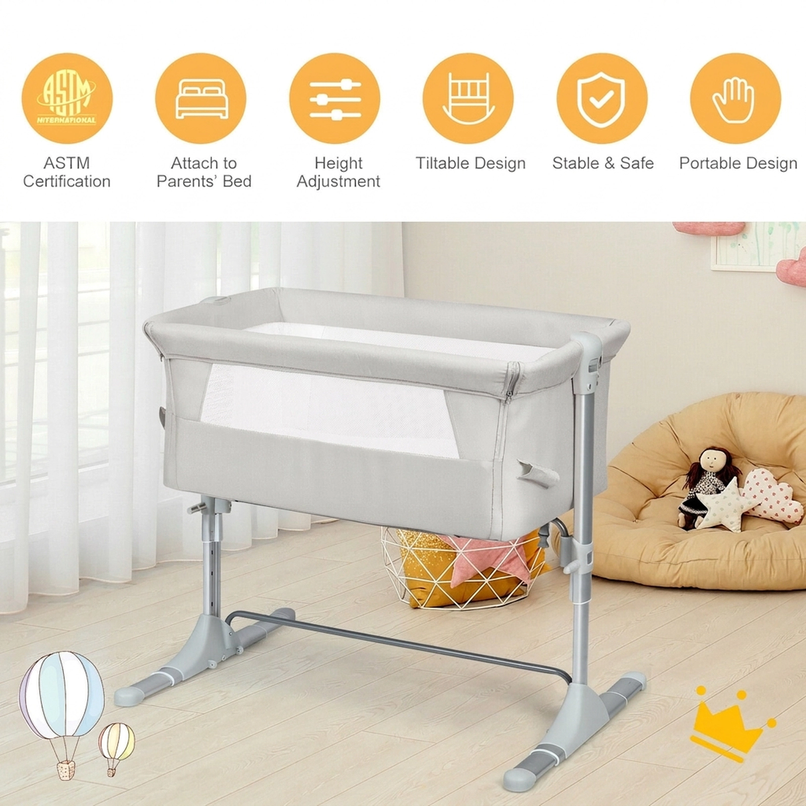 SUGIFT Beige Portable Bedside Sleeper Bassinet with Adjustable Height and Carry Bag