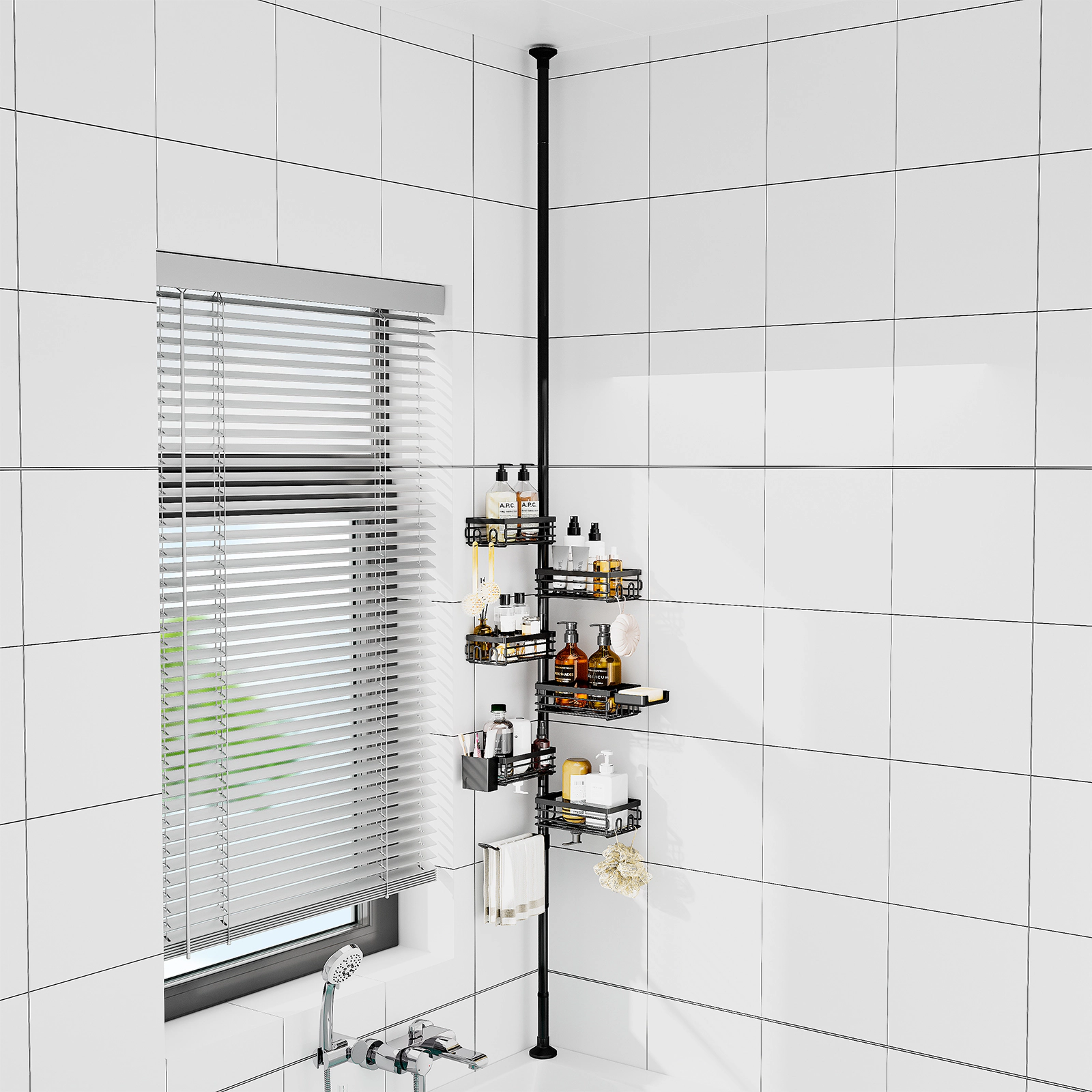 Utopia Alley 109-Inch Adjustable Tension Pole Shower Caddy Corner Organizer, 6‑Tier Shower Rack & No‑Drill, Matte Black
