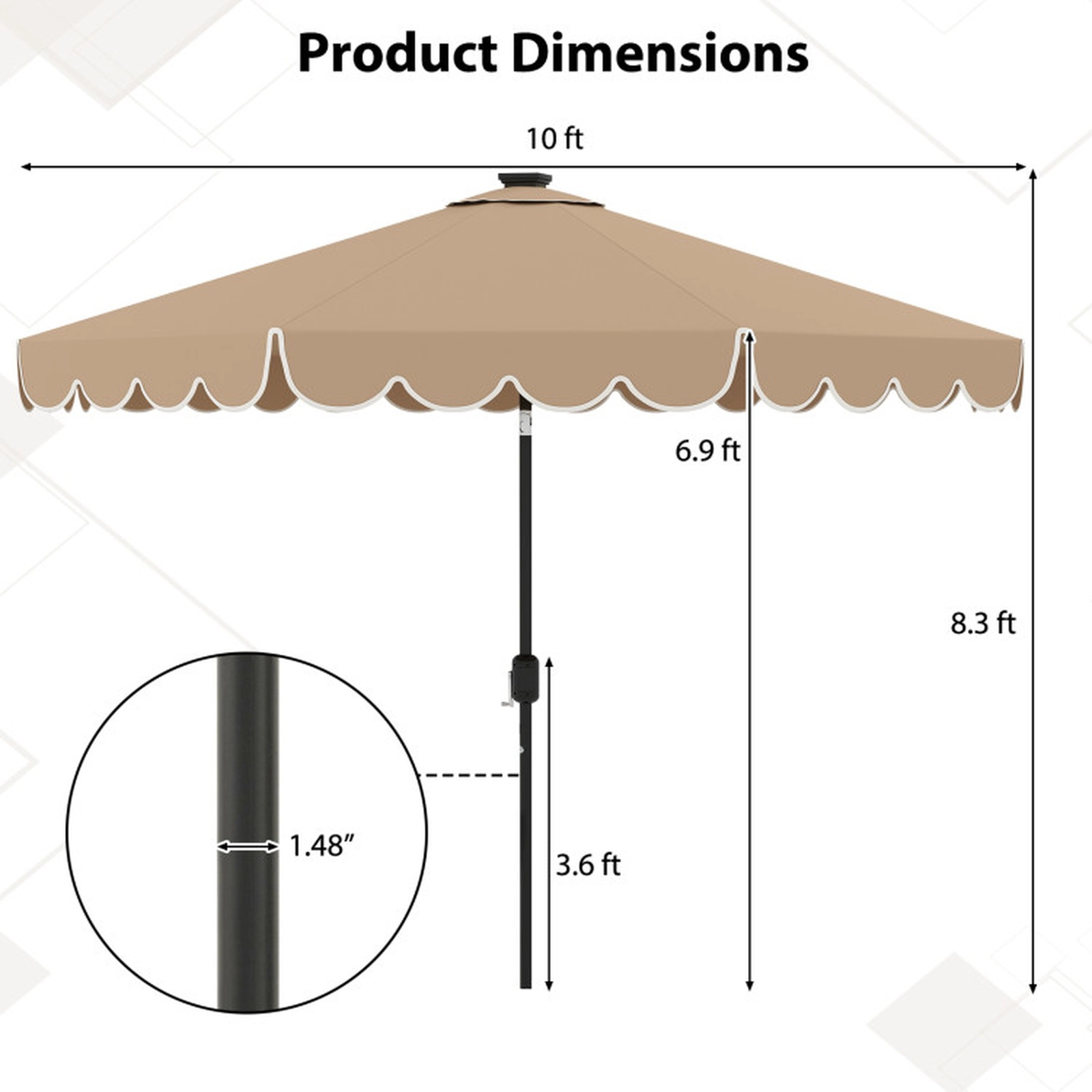 SUGIFT Solar Patio Umbrella with 24 LED Lights 10-ft Coffee
