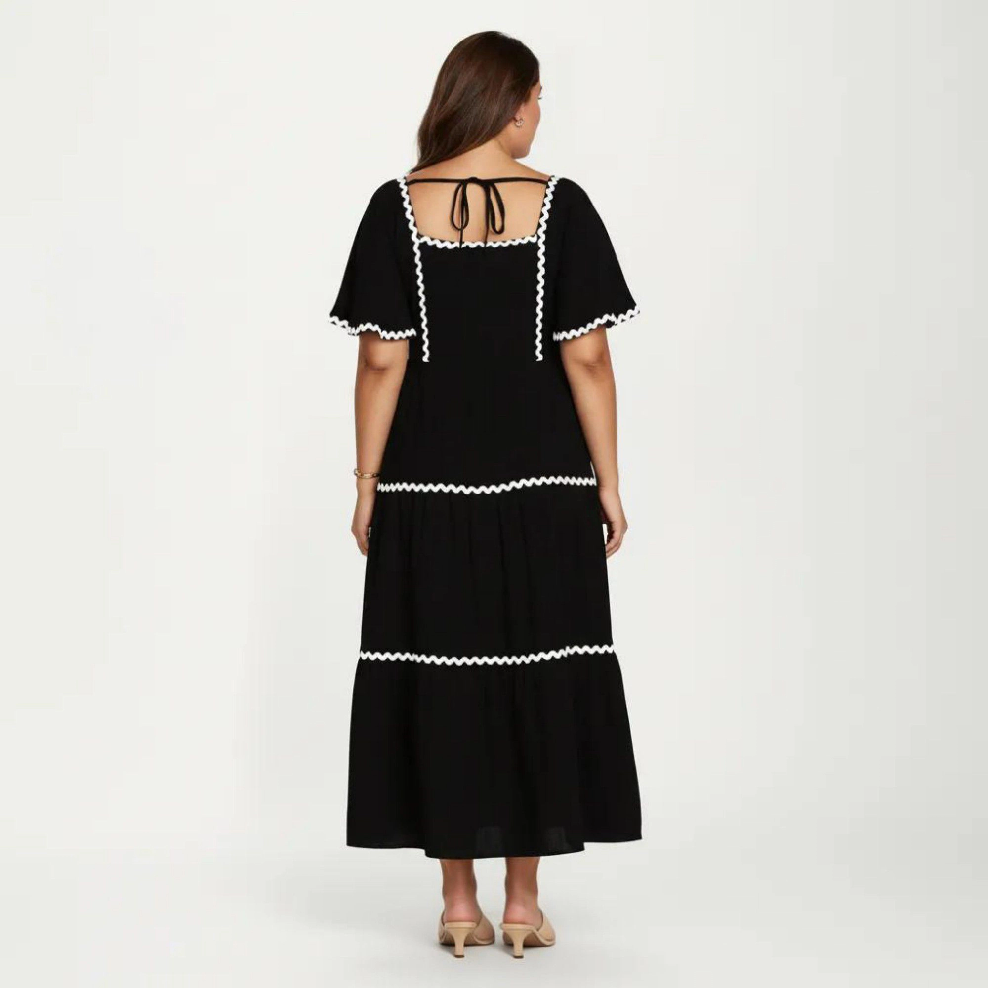 Anna-Kaci Womens Plus Square Neck Contrast Trim Tiered Midi Dress