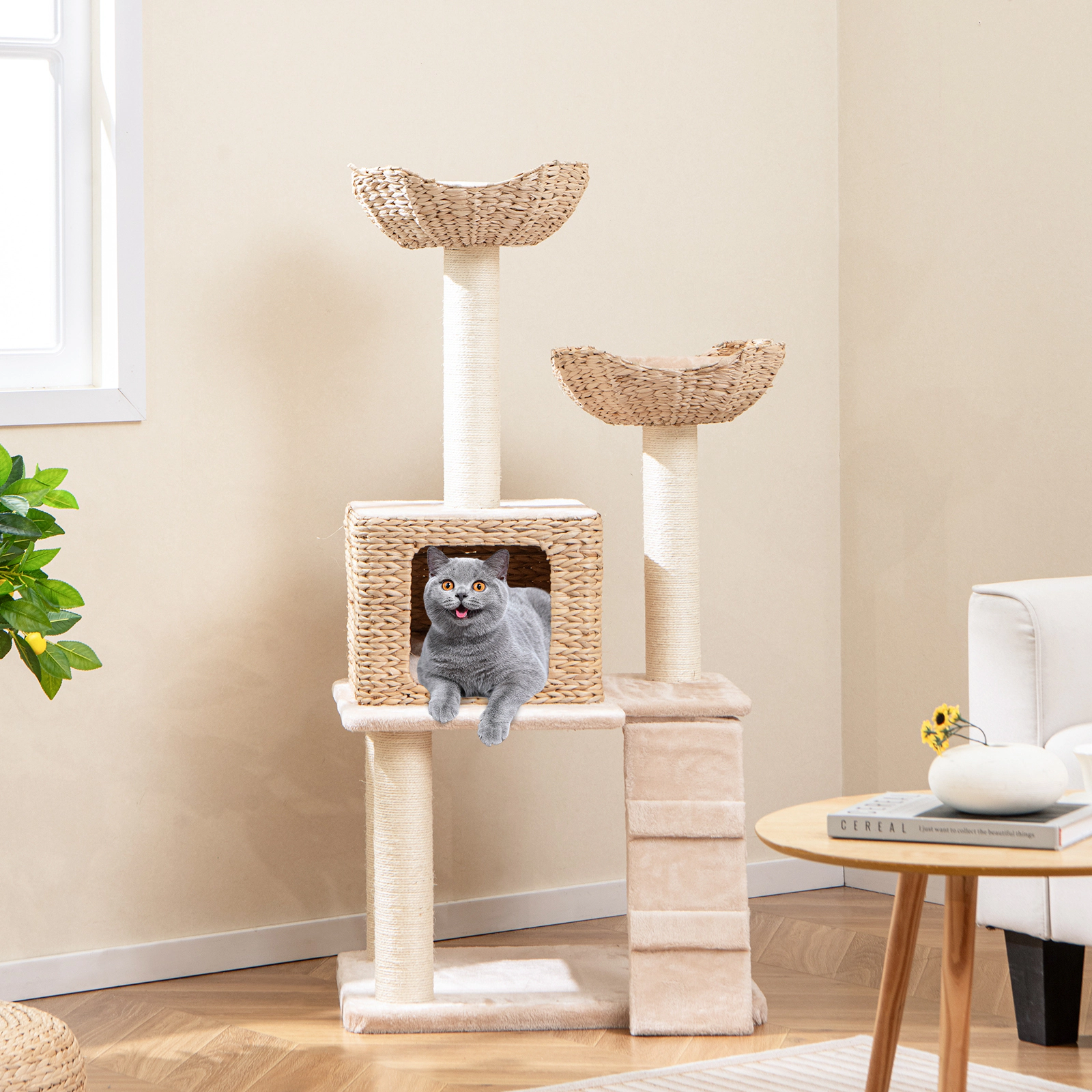 Glintex 48-Inch Cattail Cat Tower with Side Cat Bed and Sisal Scratching Posts, Beige