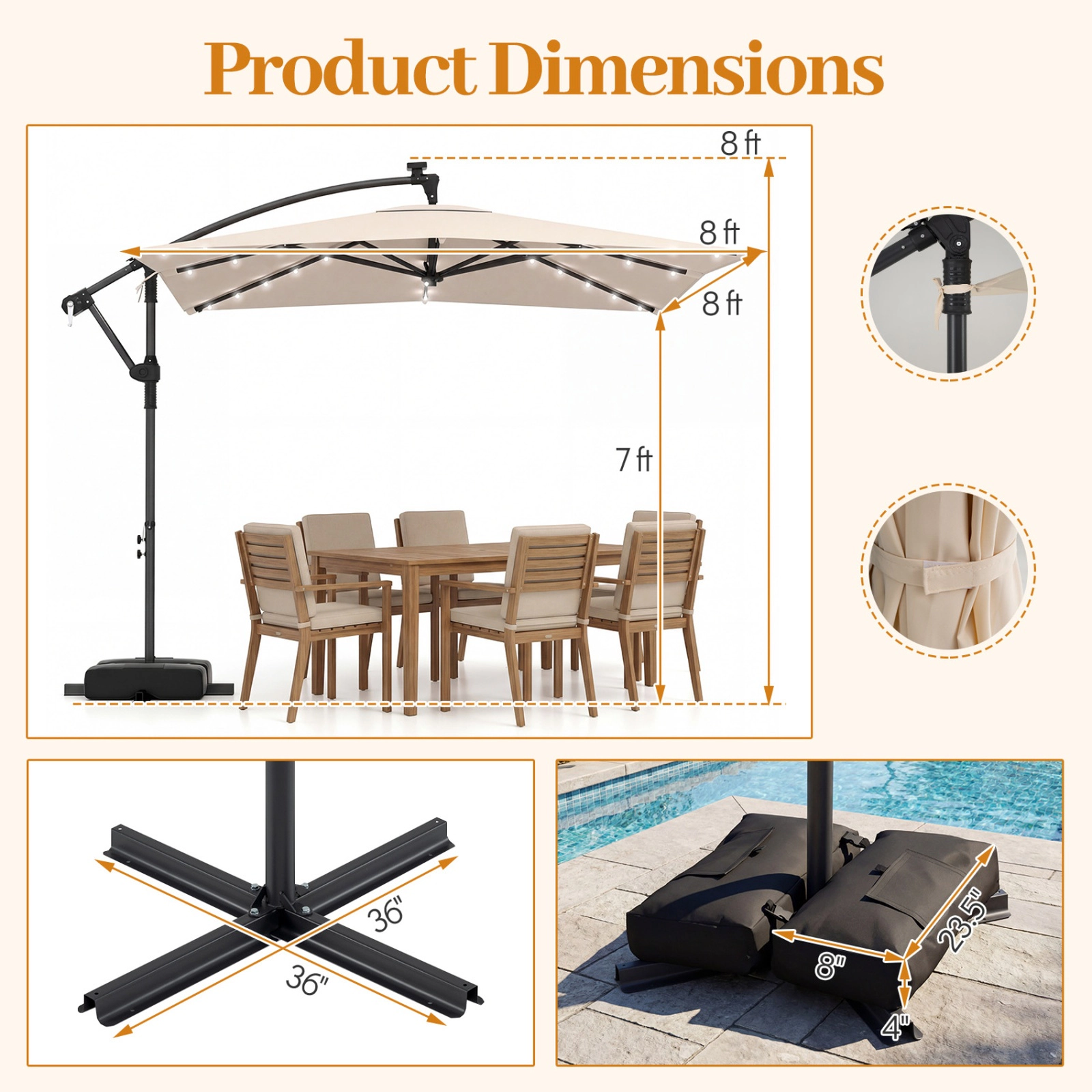 SUGIFT 8-ft Beige Square Solar Offset Cantilever Patio Umbrella with 7-ft Clearance Crank Lift and Cross Base