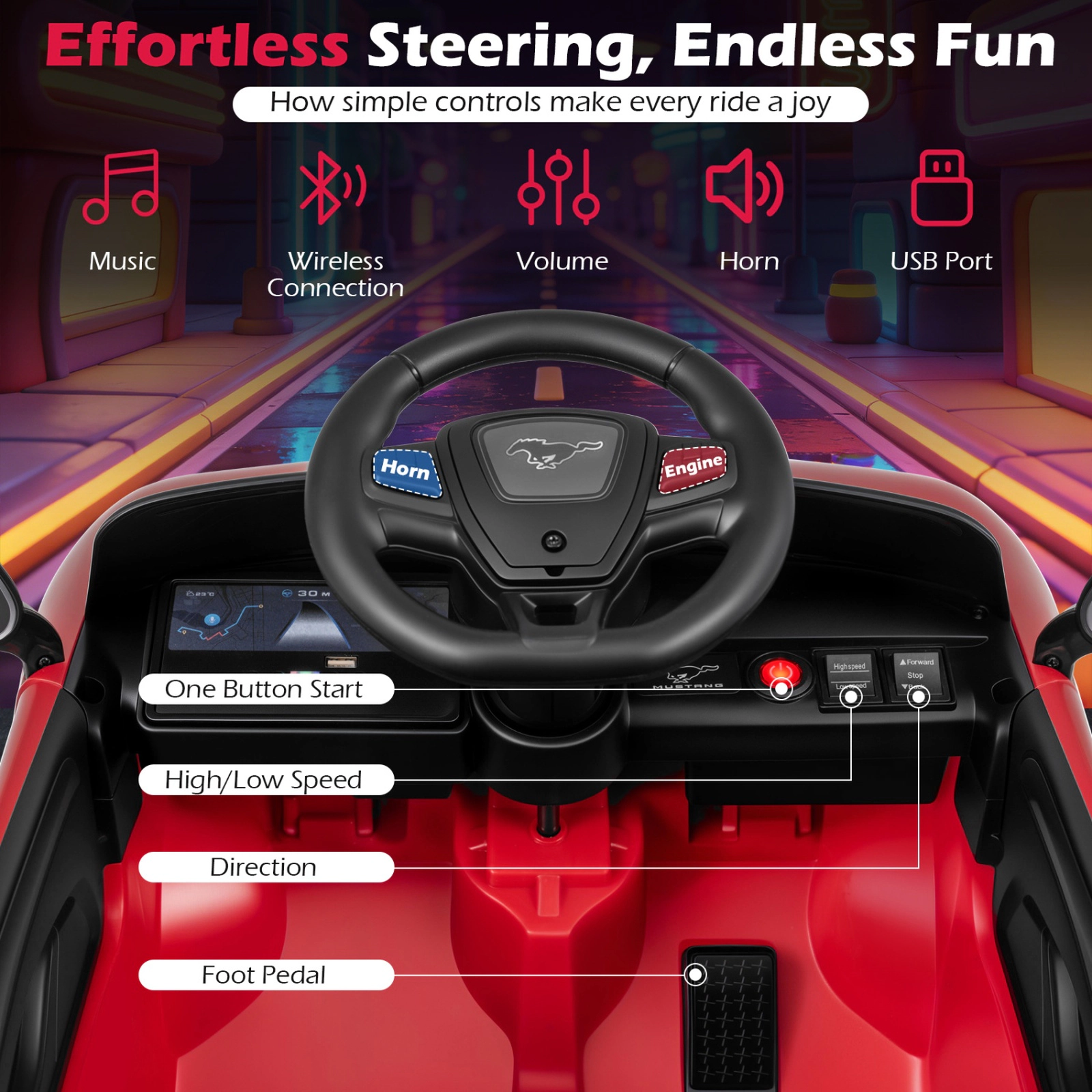 SUGIFT Parent Remote Control and Horn Kids 12V Licensed Ford Mach E Ride On Car