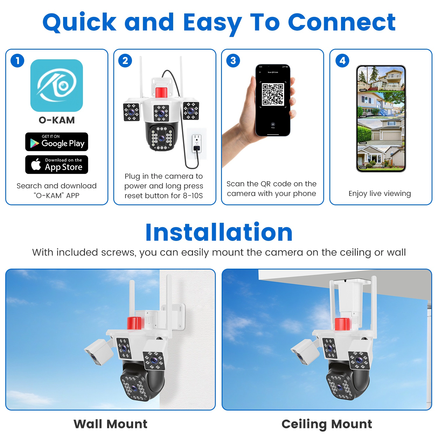 GBruno 1080P 4-Lens Security Camera 360° WiFi Pan Tilt