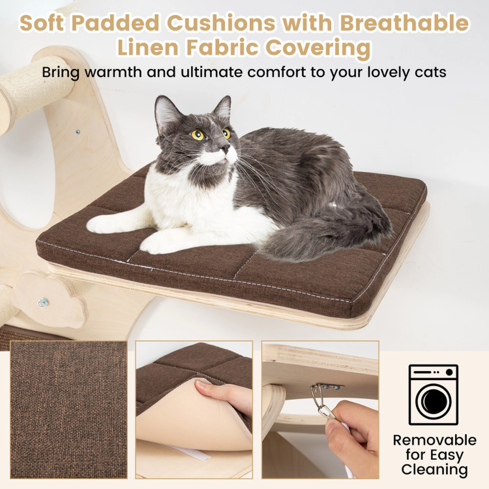 SUGIFT Wall-Mounted Plywood Cat Tower with Hammock, Perches and Scratching Mat 33-lb Capacity Natural+Brown