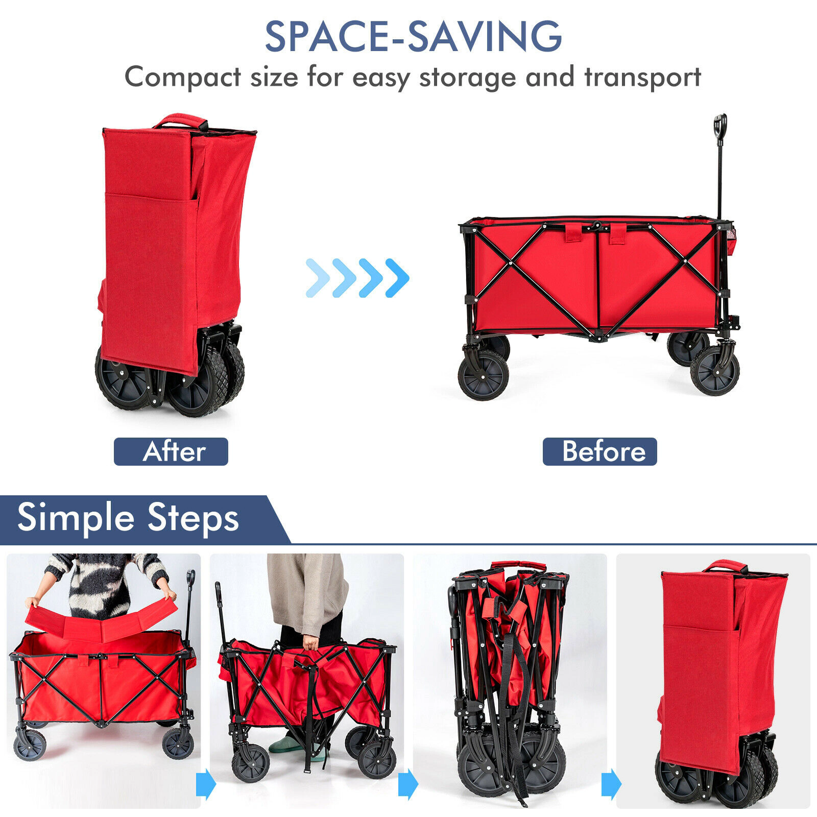 SUGIFT Outdoor Folding Wagon Cart with Adjustable Handle 180-lb Capacity Steel Frame Red