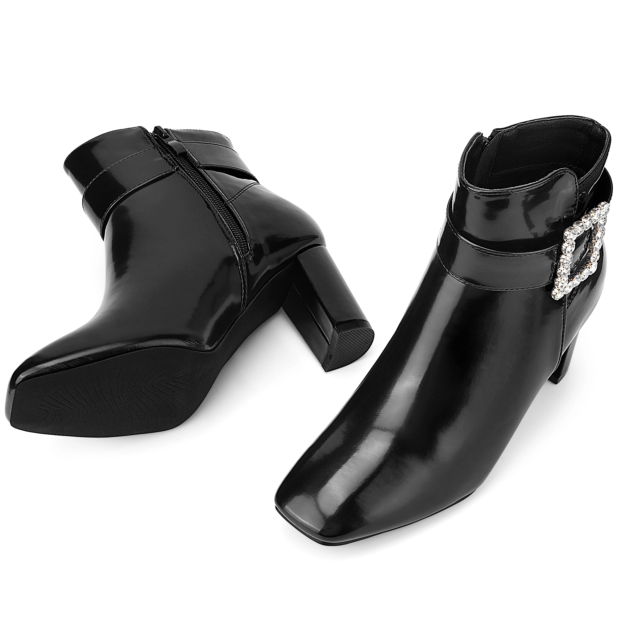 BLISSFUL STEP Women's Rhinestone Buckle Square Toe Chunky Heel Ankle Boots