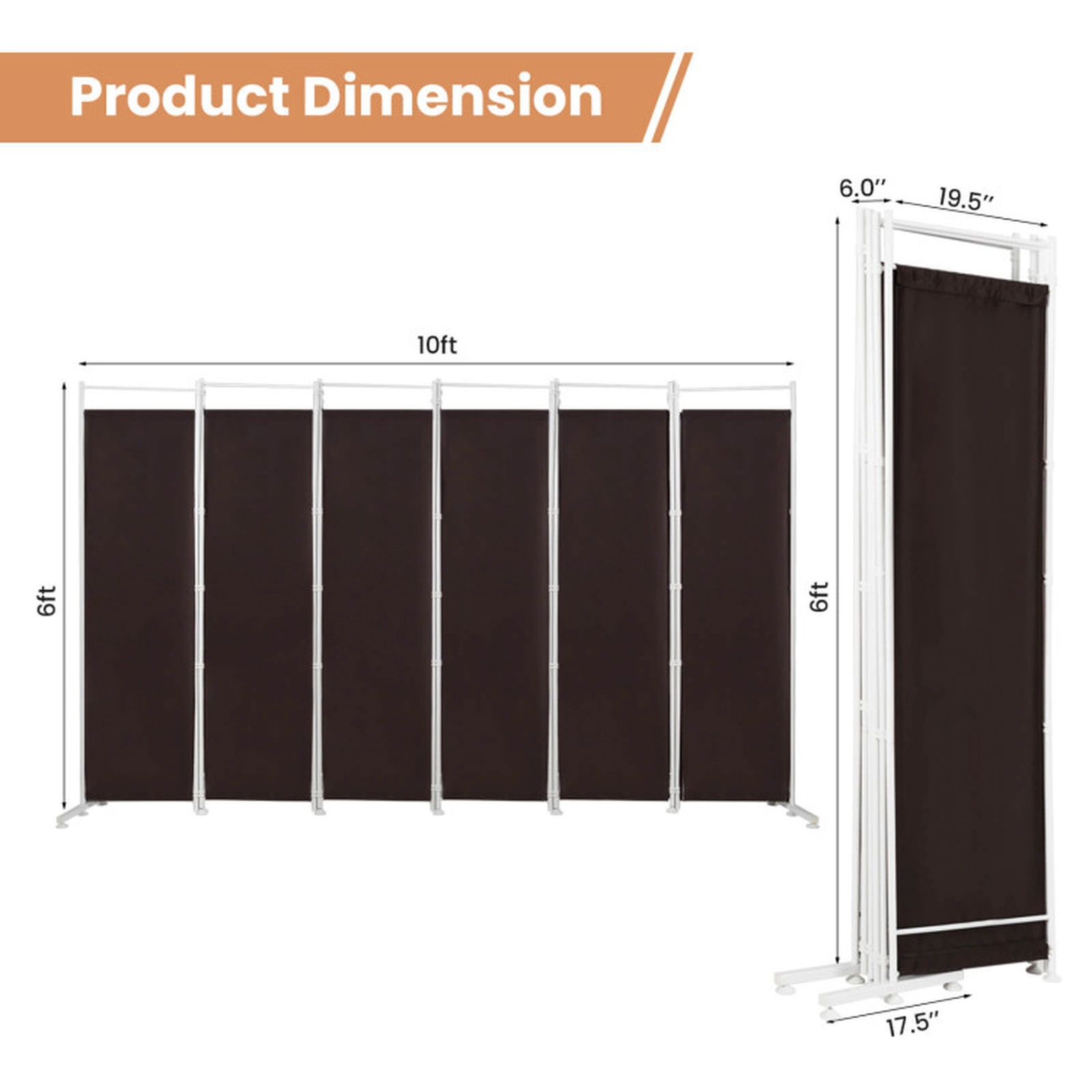 SUGIFT 6-Panel Room Divider Privacy Screen Shelving Unit 10-ft Wide 6-ft Tall Polyester Steel Frame 23.8-lb Brown
