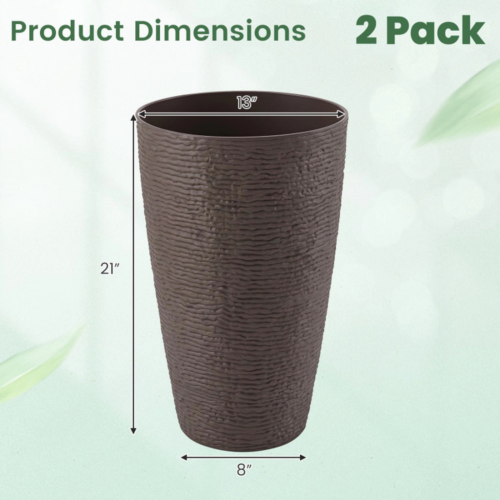 SUGIFT 21-in Tall Round Plastic Planters with Optional Drainage System Brown Set of 2