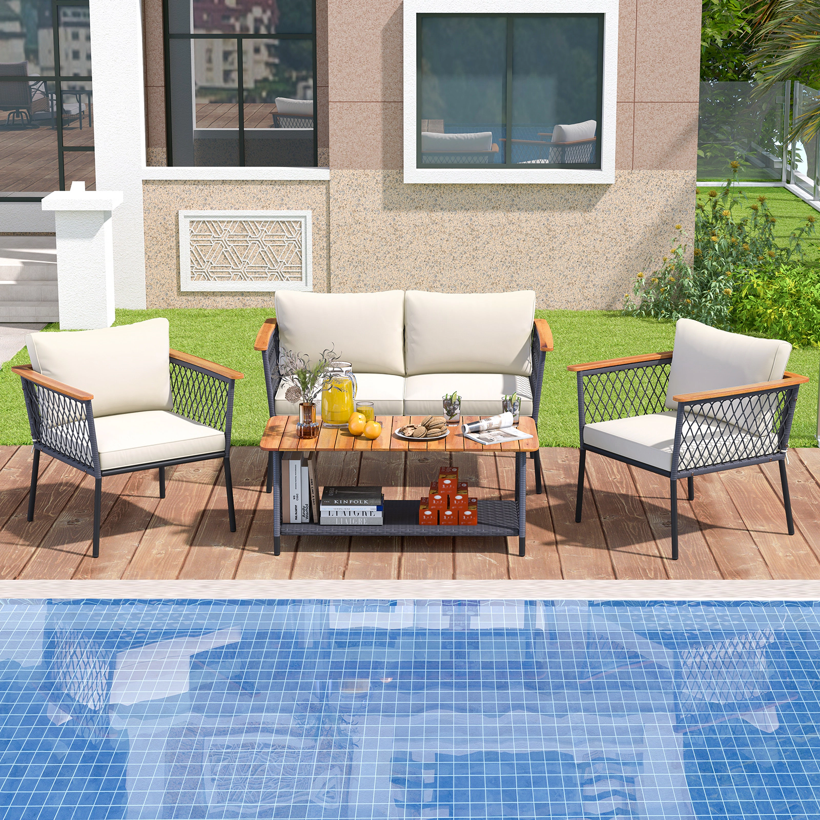 LJG 4 Piece Patio Rattan Furniture Set with 2-Tier Coffee Table