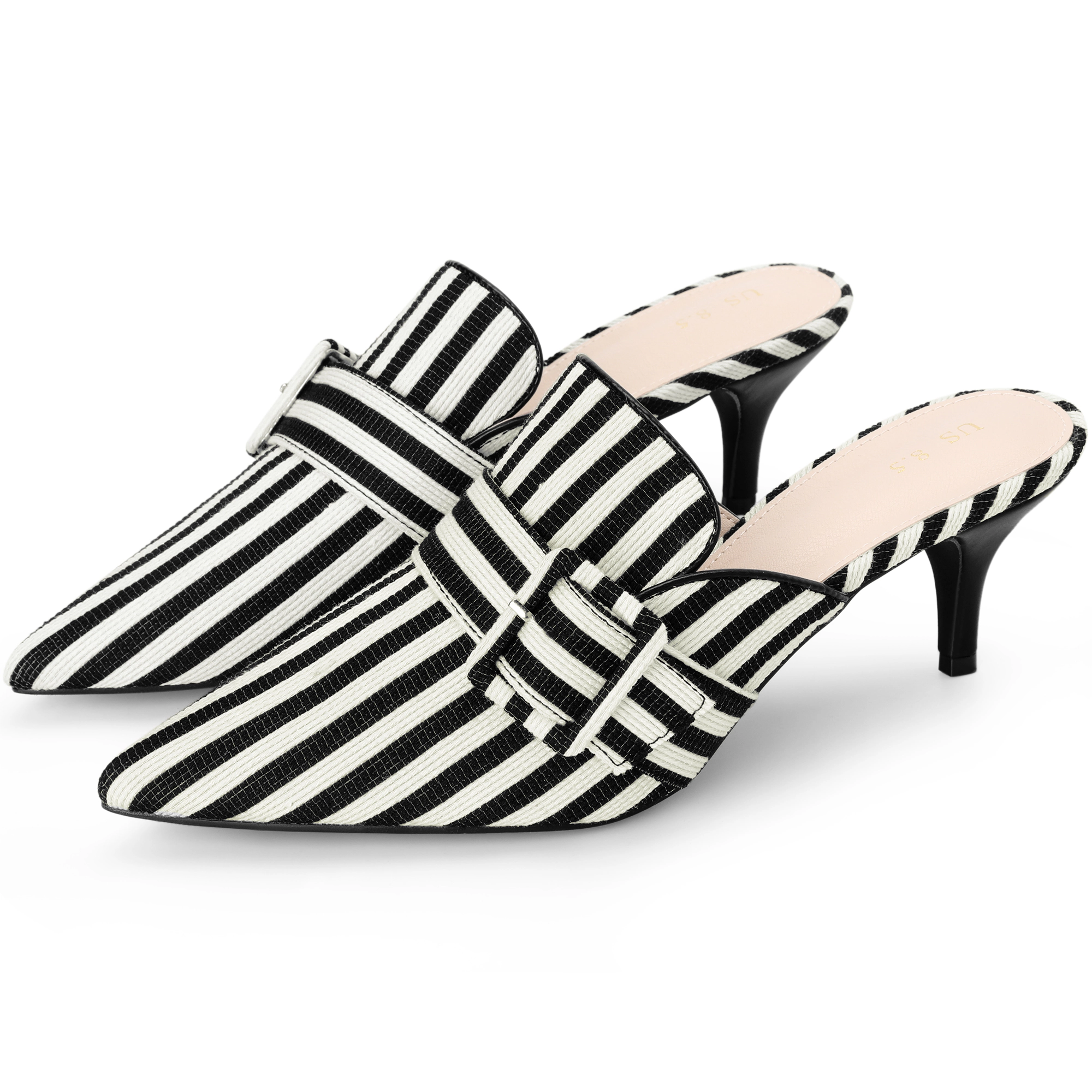 BLISSFUL STEP Women's Stripe Buckle Slip on Pointed Toe Kitten Heels Mules
