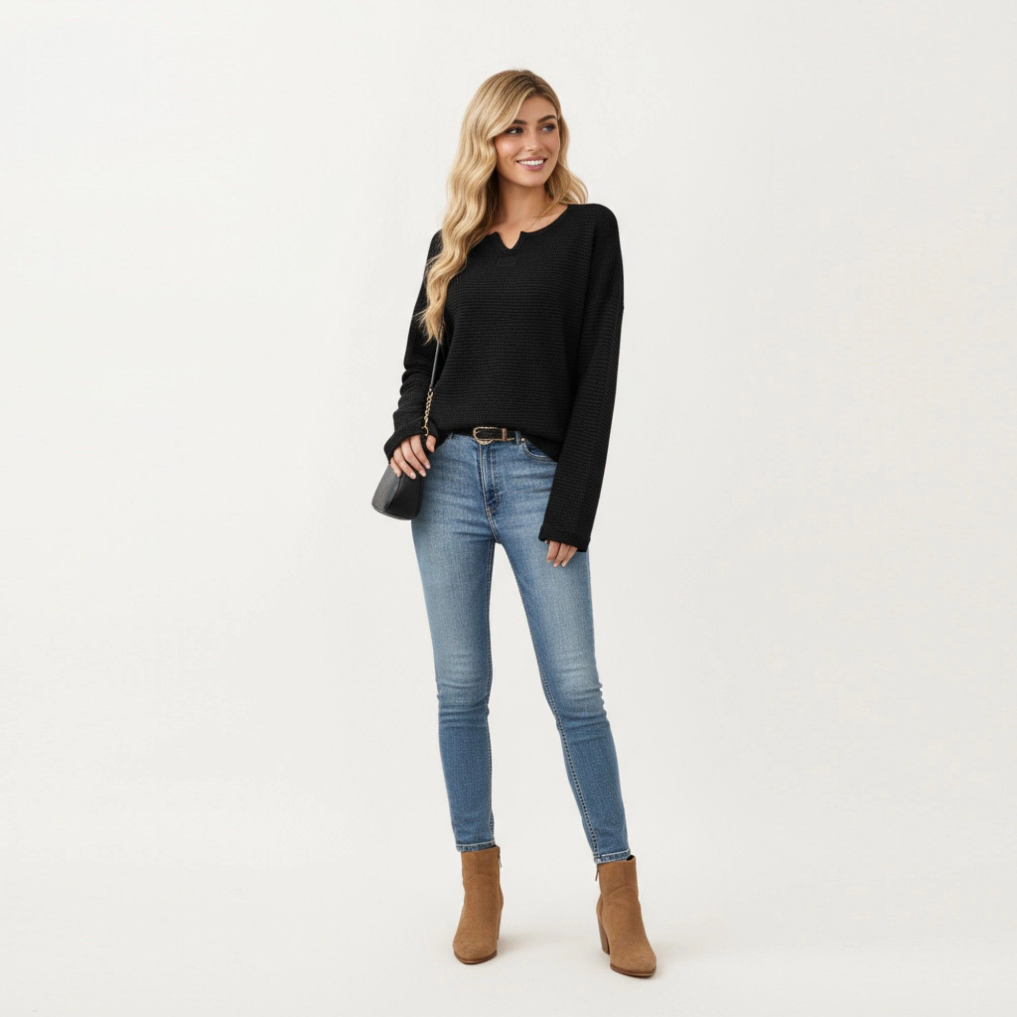Anna-Kaci Women's Textured Split Neck Relaxed Fit Long Sleeve Knit Pullover Top