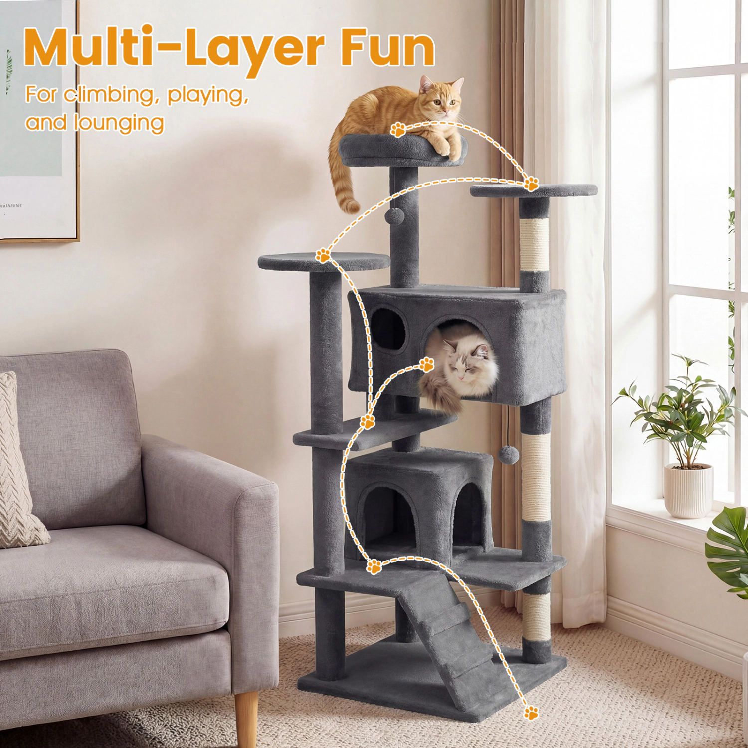 SUGIFT Light Gray 52 in Tall Cat Tree with 2-Door Cave and Round Platforms