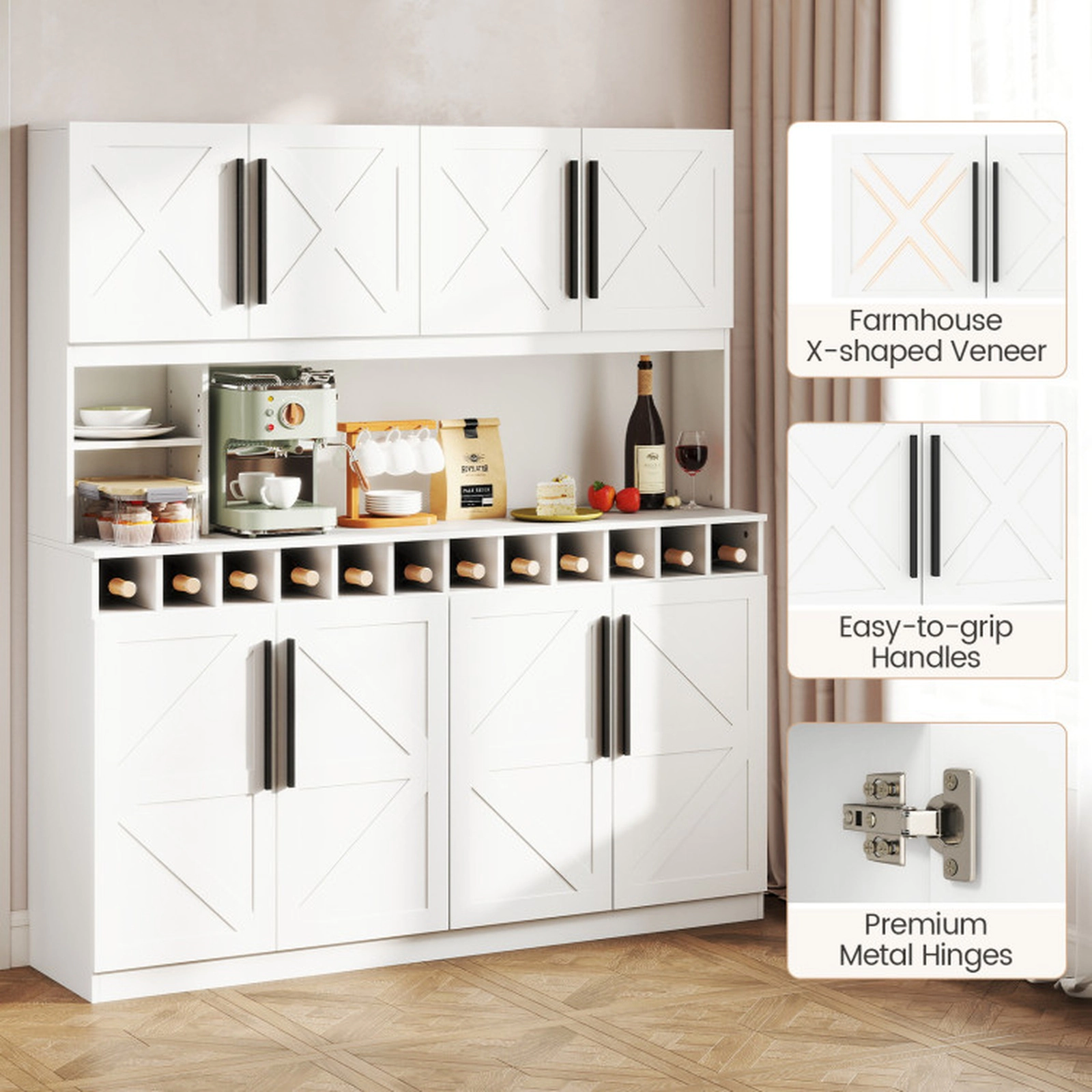 SUGIFT 70-in Farmhouse 4 Cabinets 2 Cubbies 12 Wine Slots Kitchen Pantry Cabinet 63-in x 16-in 330-lb Capacity White