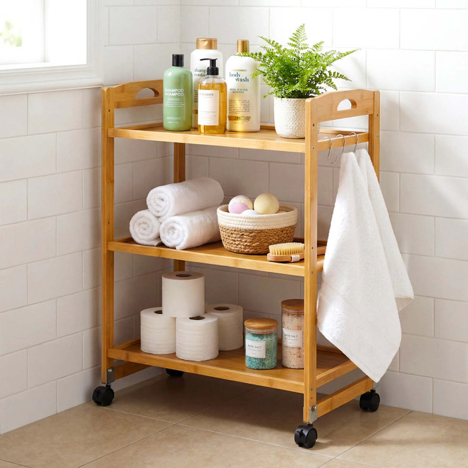 SUGIFT Natural 28-in 3-Tier Bamboo Rolling Utility Storage Cart with 3 Side Hooks and Adjustable Shelves