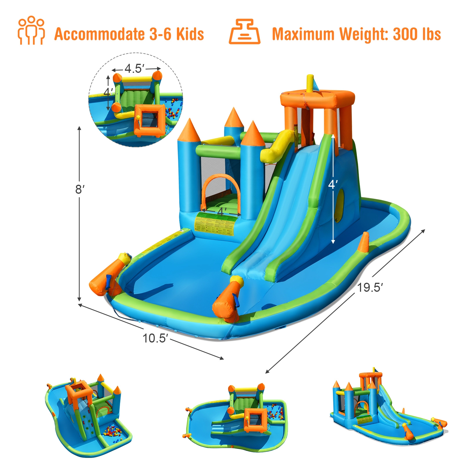 SUGIFT Kids Multicolor Water Slide Bounce House with Splash Pool and Climbing Wall 19.5-ft W 300-lb Total Capacity
