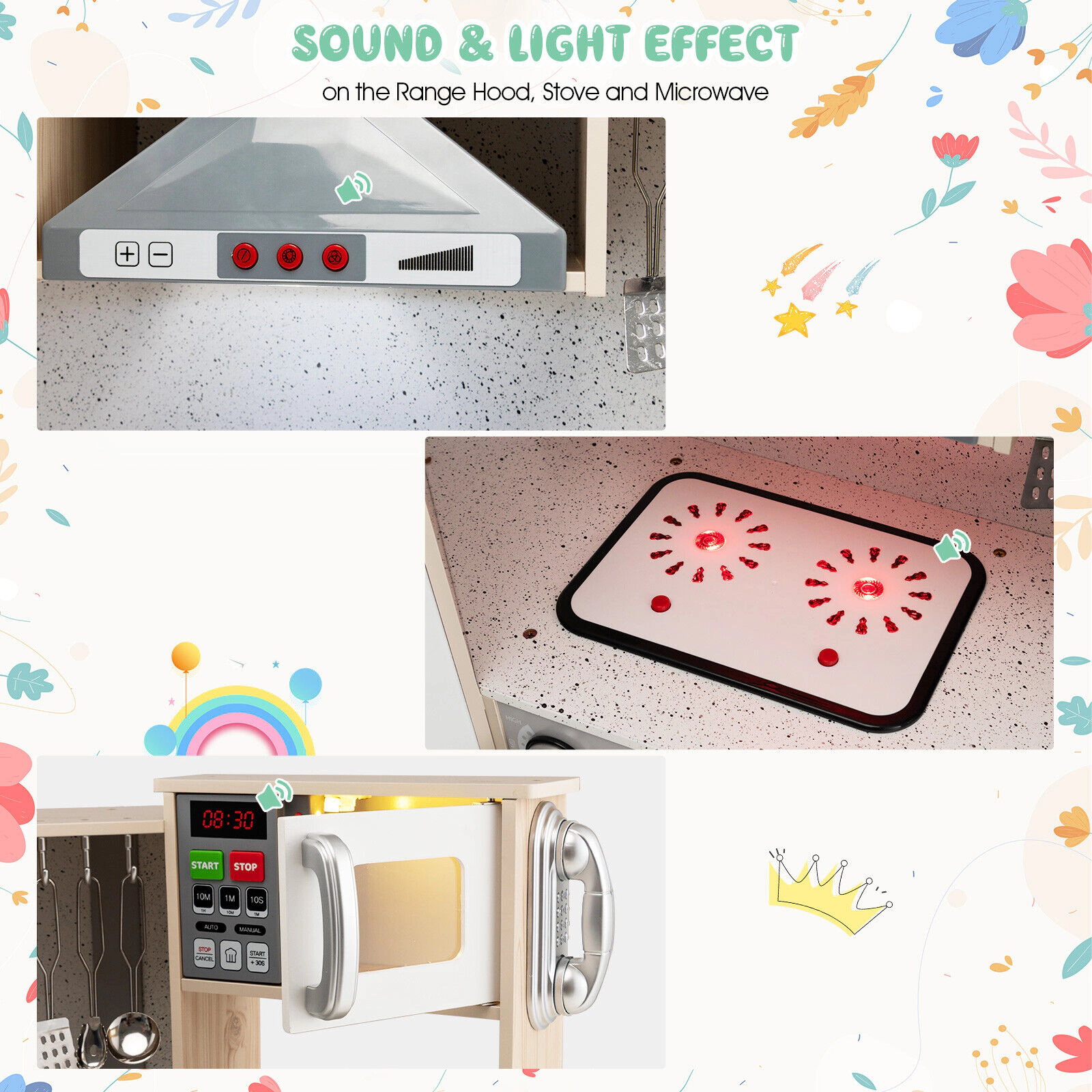 SUGIFT White and Natural Cookware Range Hood and Oven Kids Corner Wooden Kitchen Playset