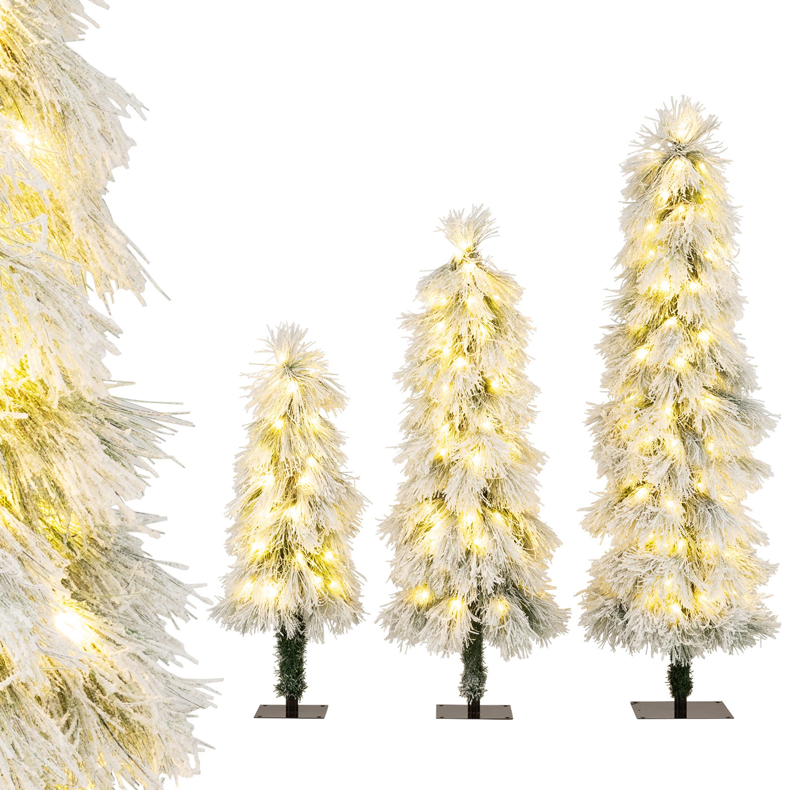 LJG Artificial Christmas Tree Set of 3 with Snow-Flocked Branch Tips and LED Lights