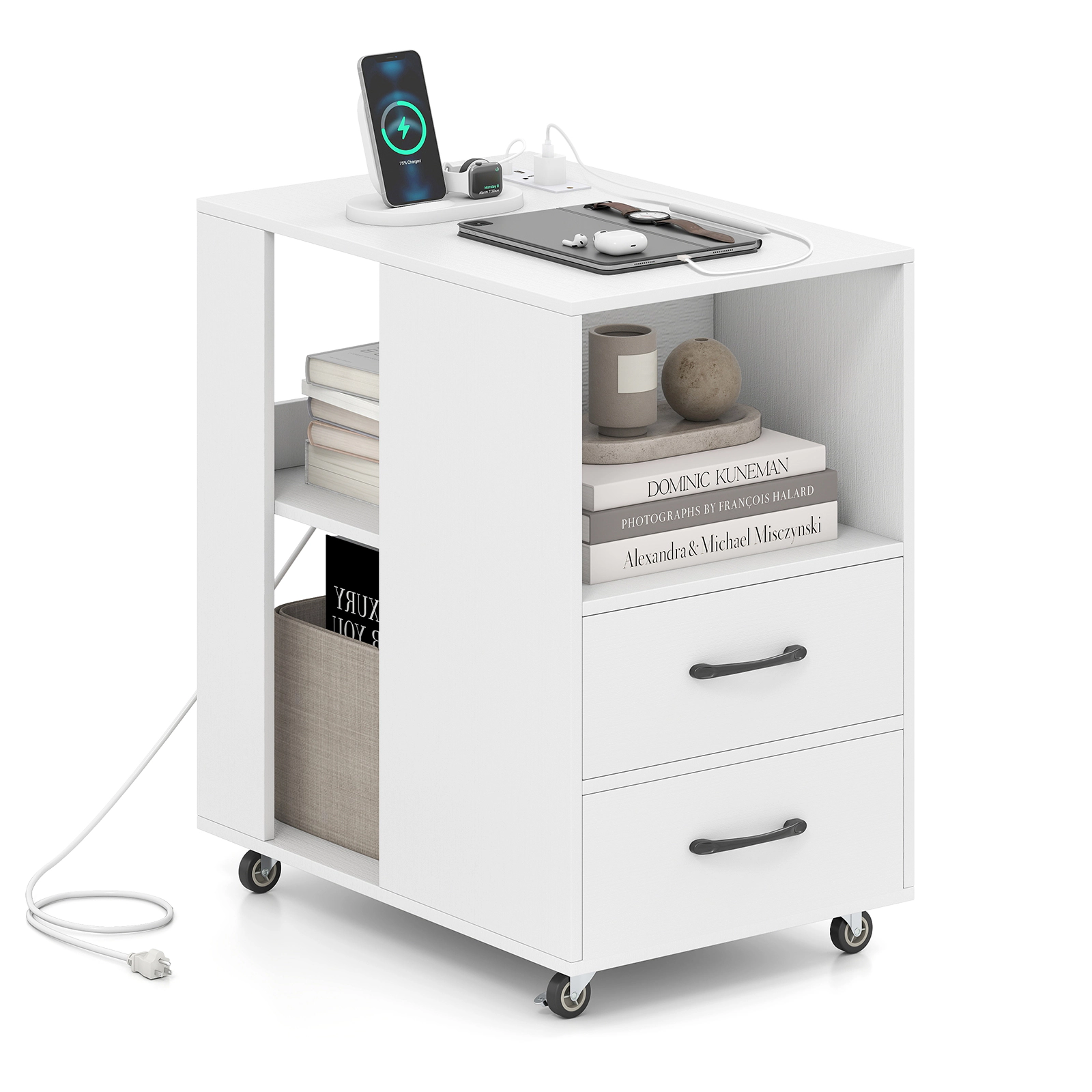 Glintex Double-Sided End Table with Charging Station 2 Drawers and Swivel Wheels