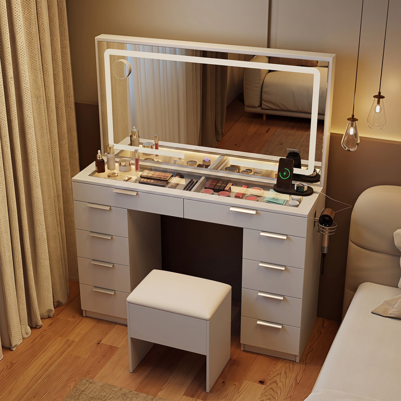 SUGIFT 46 in Vanity Desk White with Lighted Mirror Stool and Charging Station
