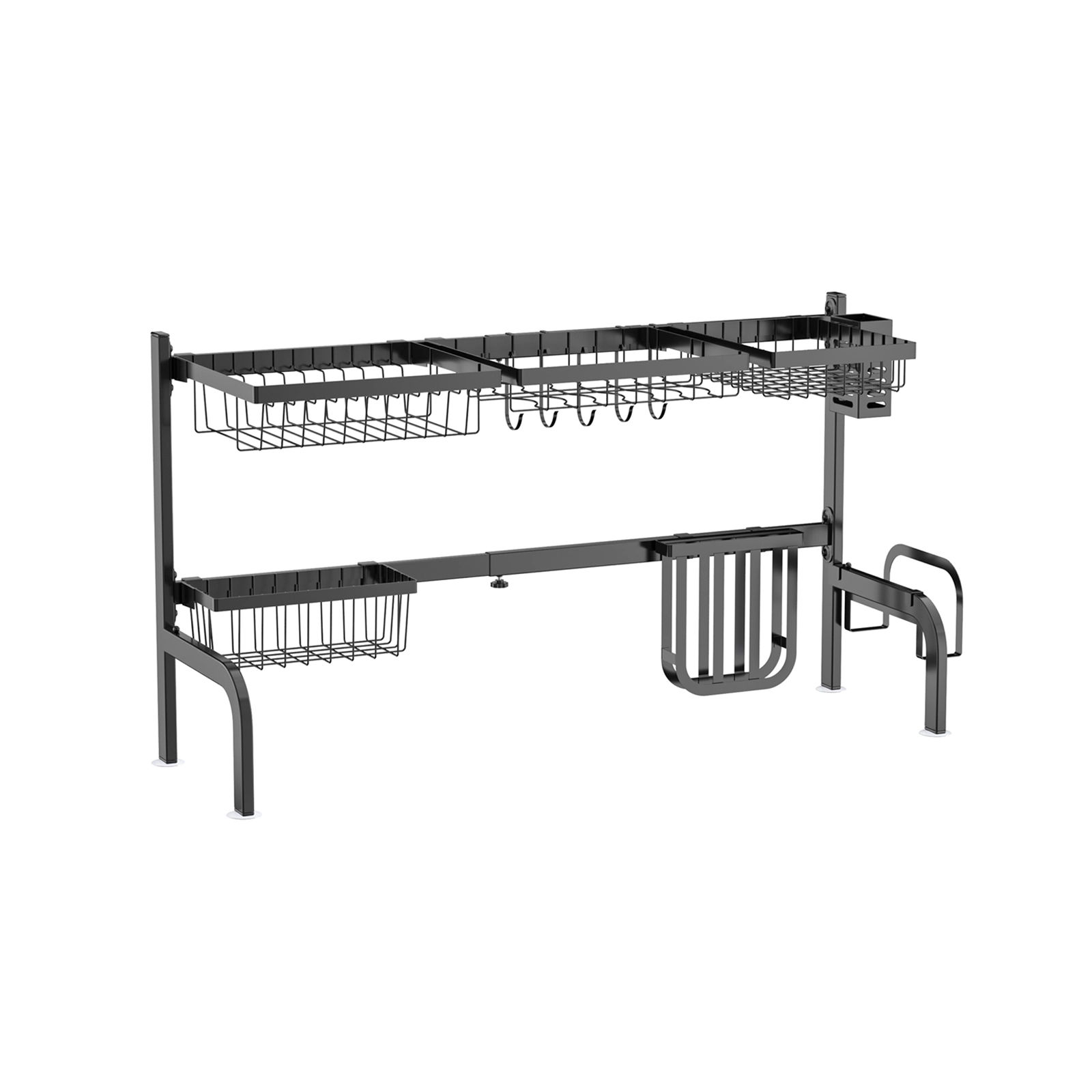 SUGIFT 2-Tier Adjustable Over Sink Dish Drying Rack 4 Baskets 5 Hooks 110-lb Total 22-lb per Basket 21-39-in Wide Black