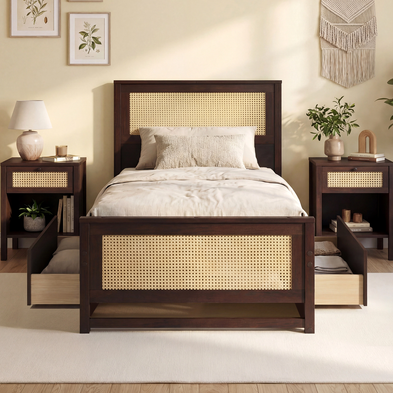 SUGIFT Twin Rattan Platform Bed, Coffee, 2 Storage Drawers, Cane Headboard