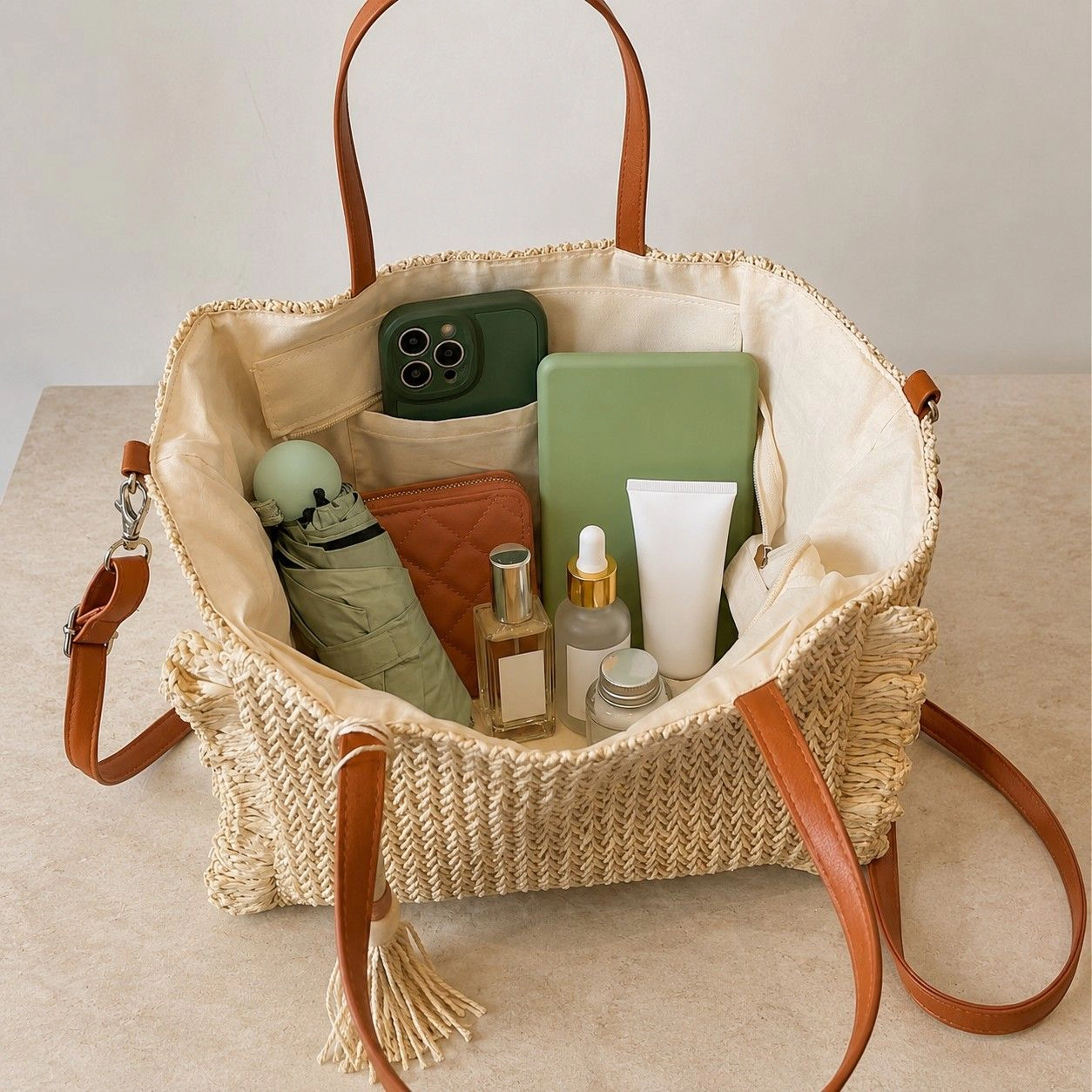 Alilang Women's Fringe Woven Tote Bag with Detachable Strap Zip Closure and Tassel Accent, Khaki